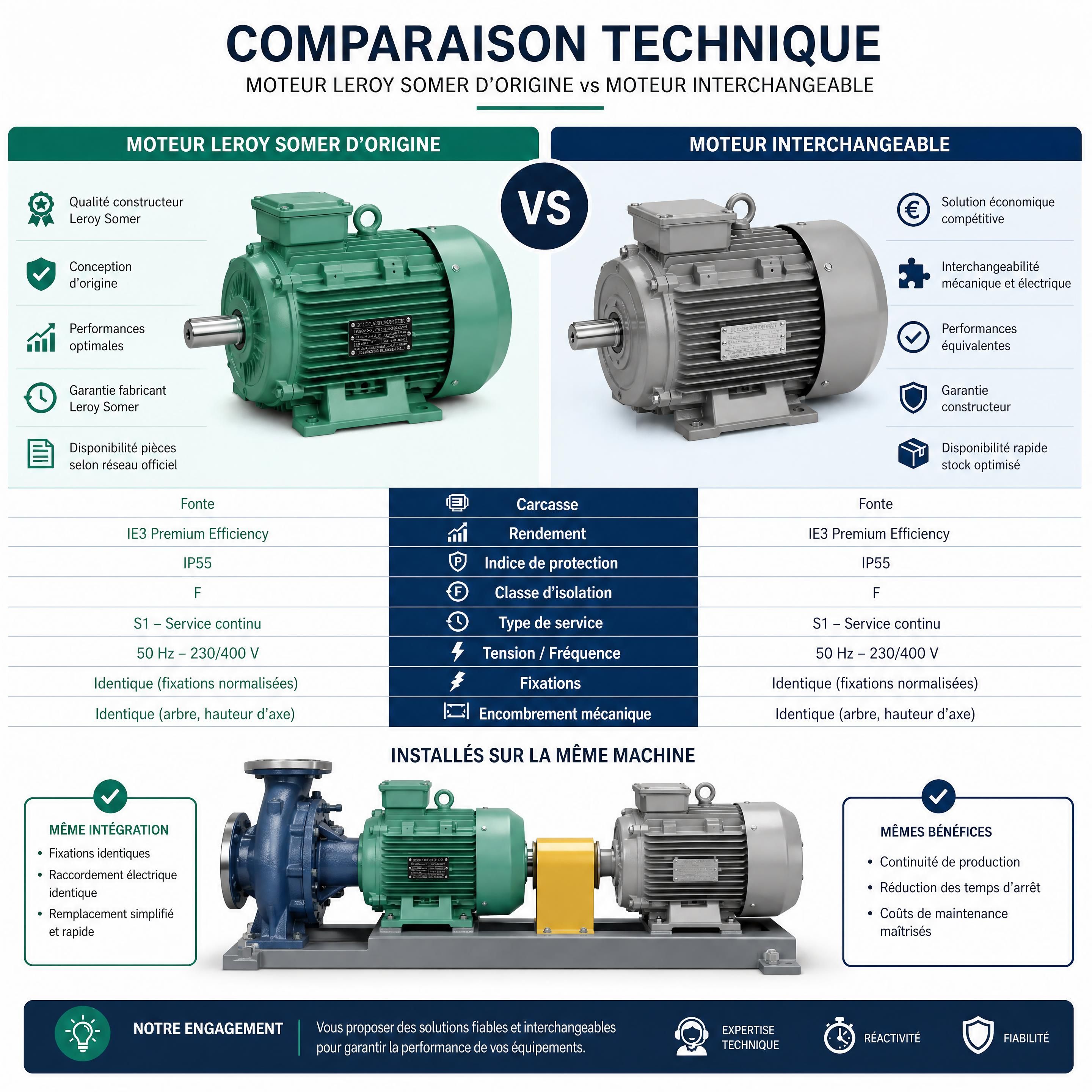 Comparaison technique entre un moteur Leroy Somer d’origine et un moteur interchangeable installé sur une machine industrielle