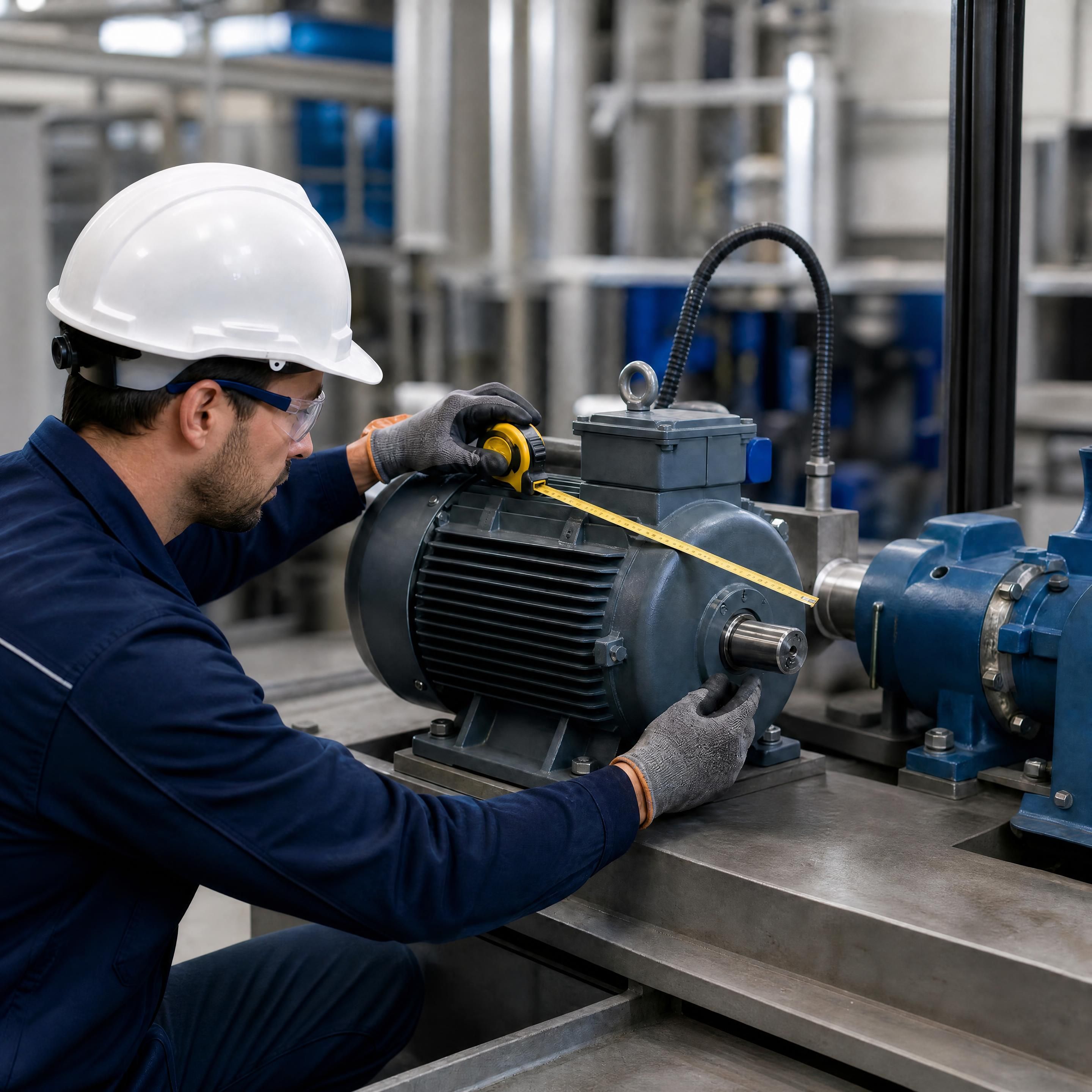 Technicien de maintenance relevant les dimensions d’un moteur électrique industriel installé sur une machine