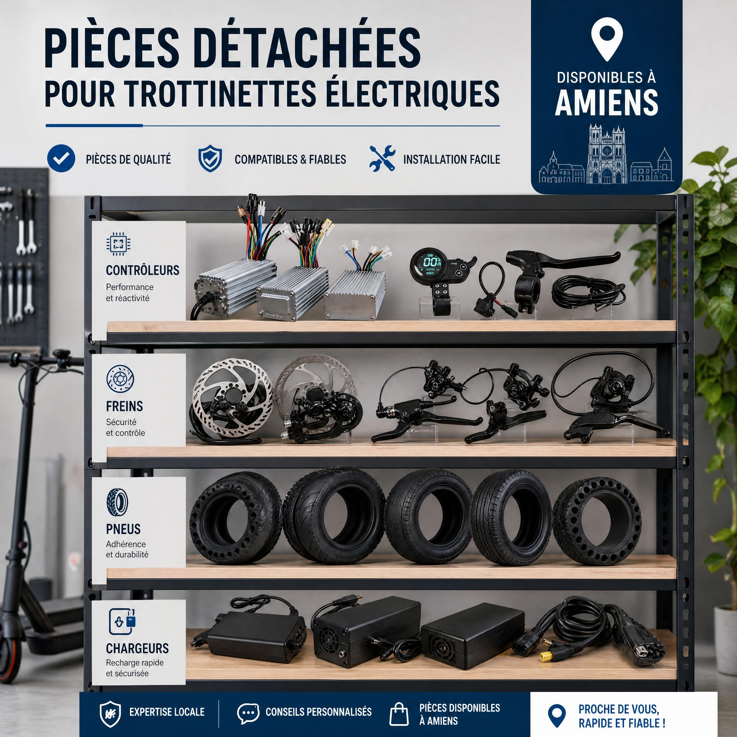 Étagère de pièces détachées pour trottinettes électriques avec contrôleurs, freins, pneus et chargeurs disponibles à Amiens