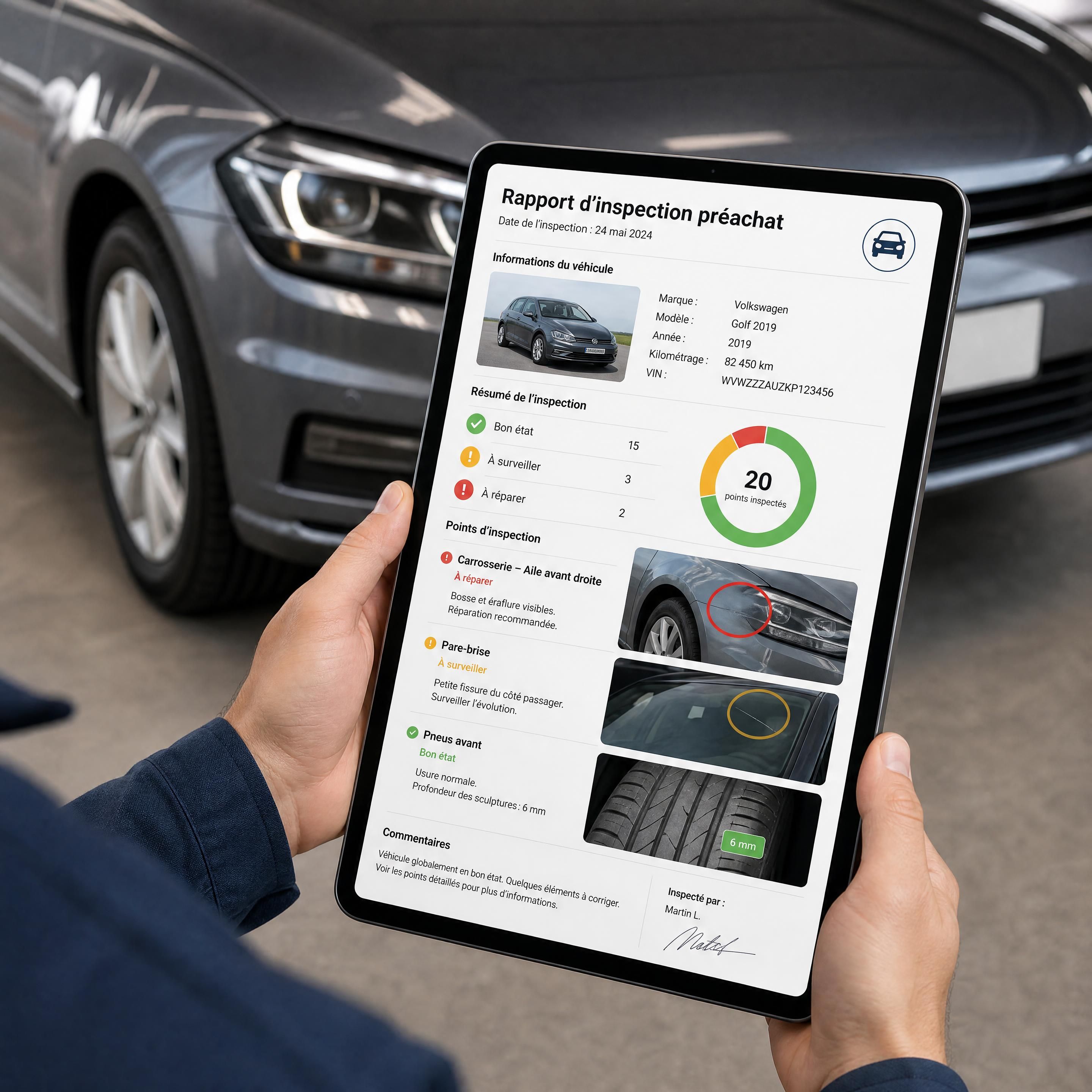 Rapport numérique d’inspection préachat avec photos et annotations sur une tablette à côté d’une voiture
