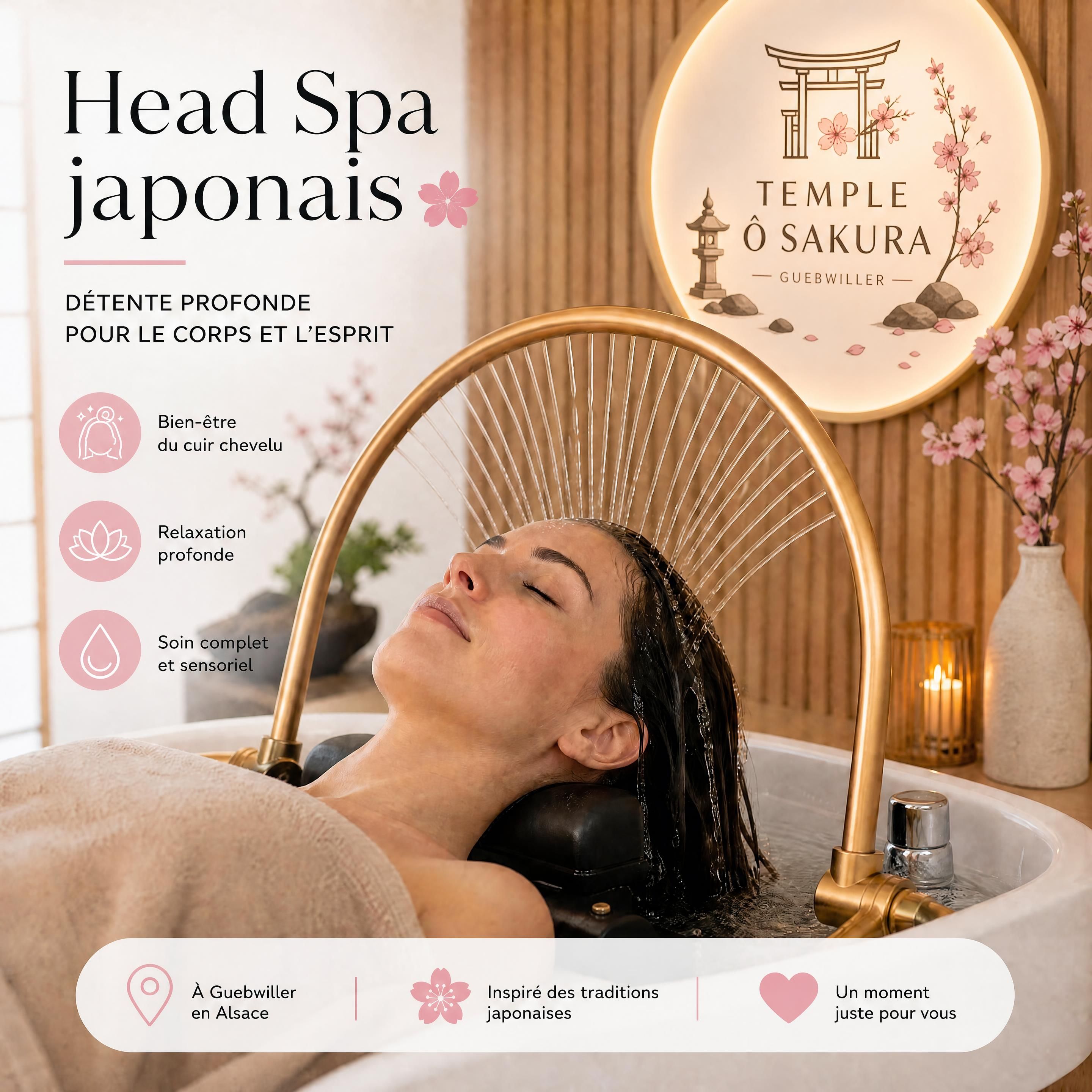 Cliente détendue sous l'arche d'eau d'un Head Spa japonais au Temple Ô Sakura à Guebwiller