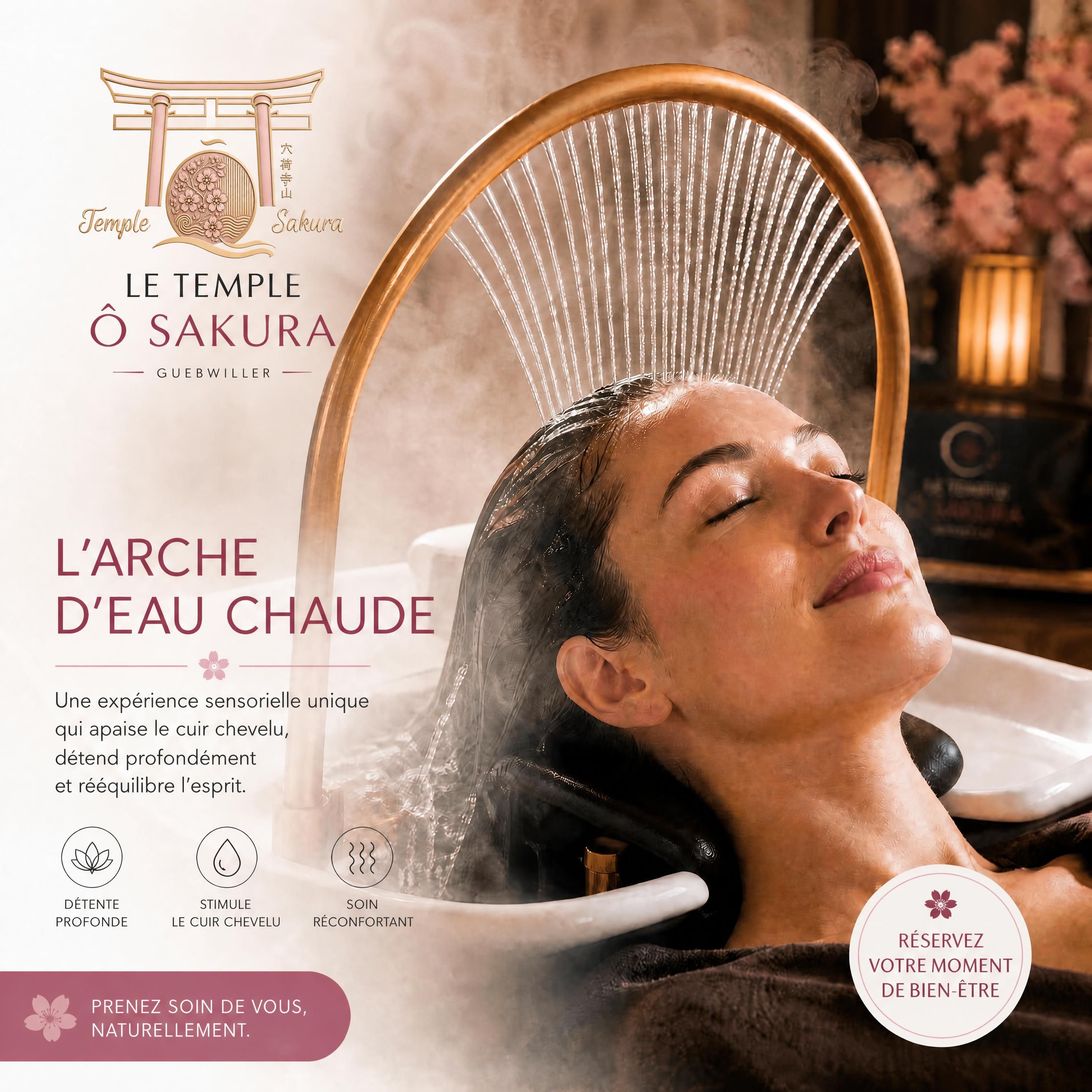 Arche d'eau chaude ruisselant sur le cuir chevelu d'une cliente détendue au Temple Ô Sakura