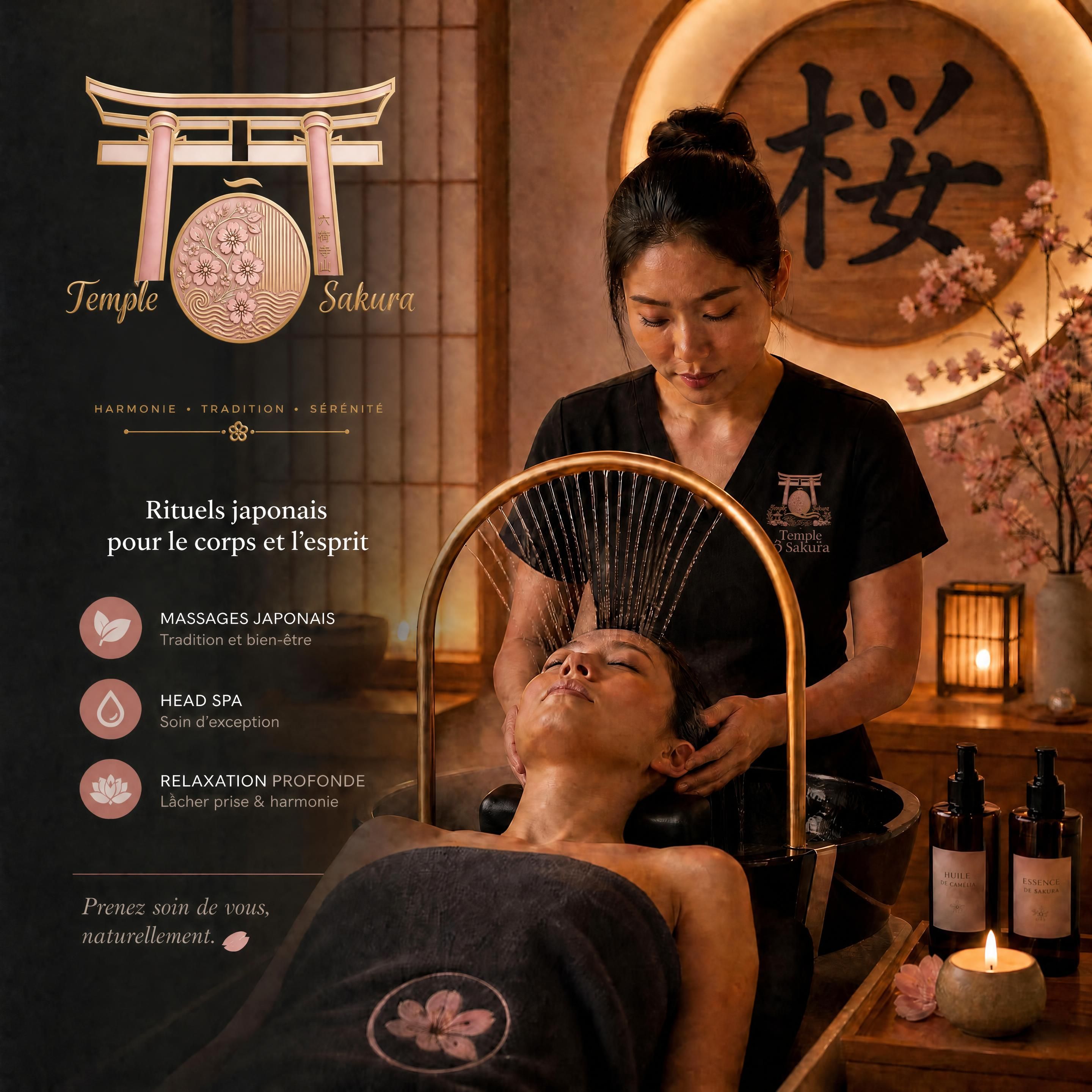 Rituel de massage japonais au Temple Ô Sakura à Guebwiller, arche d'eau Head Spa et lumière tamisée