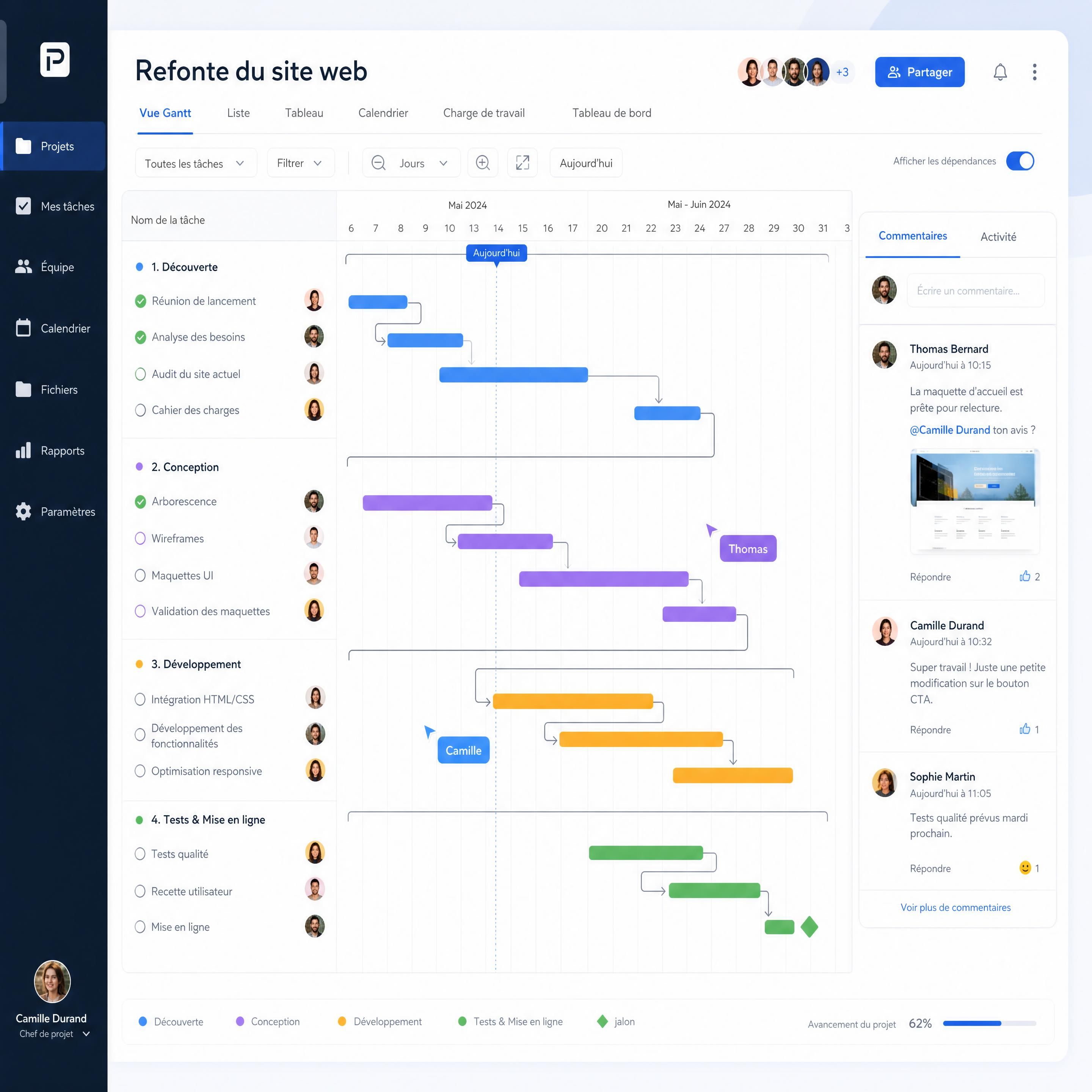 Interface d'un outil de planification moderne avec un diagramme de Gantt interactif et collaboratif