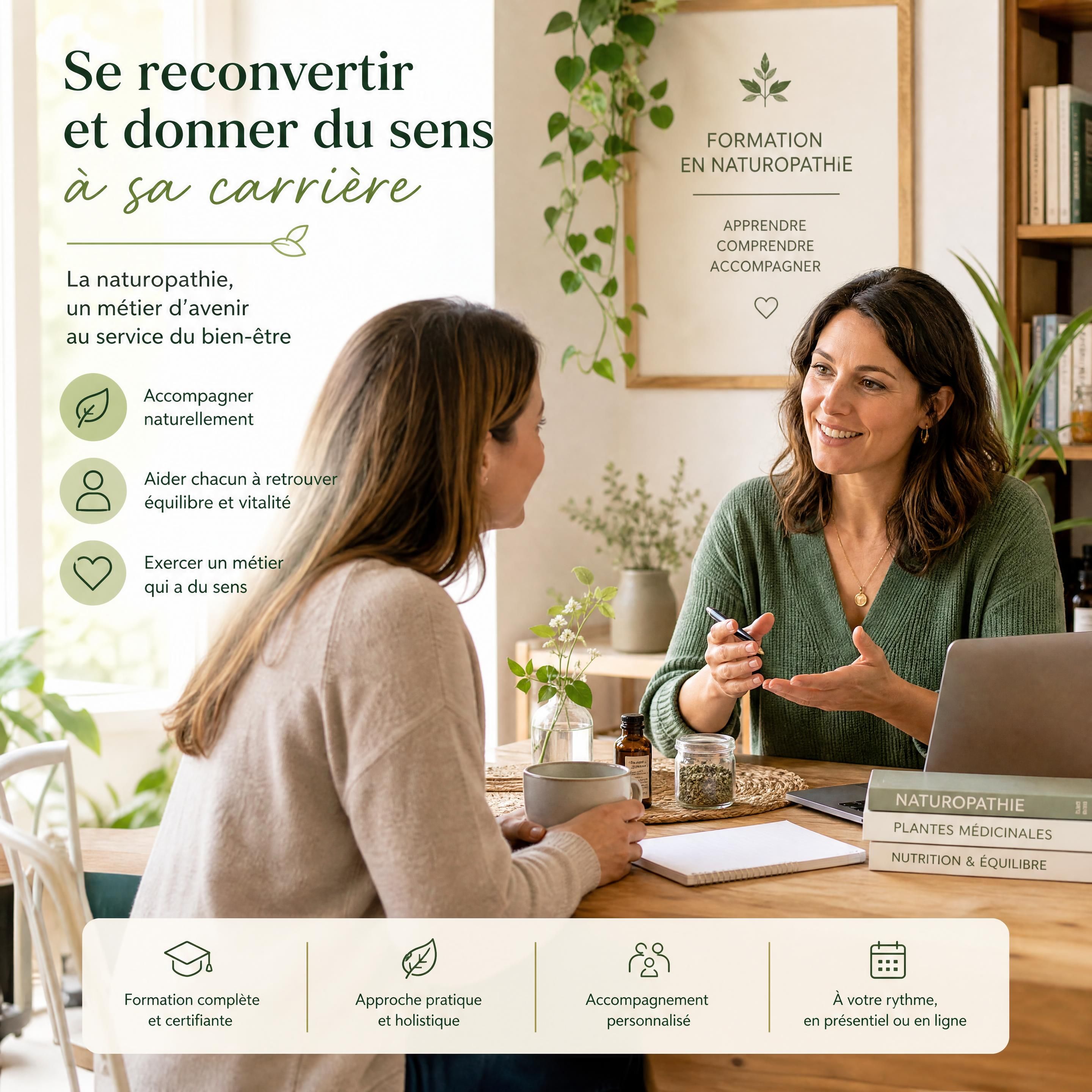 Femme en reconversion professionnelle échangeant avec une formatrice en naturopathie dans un environnement naturel et chaleureux