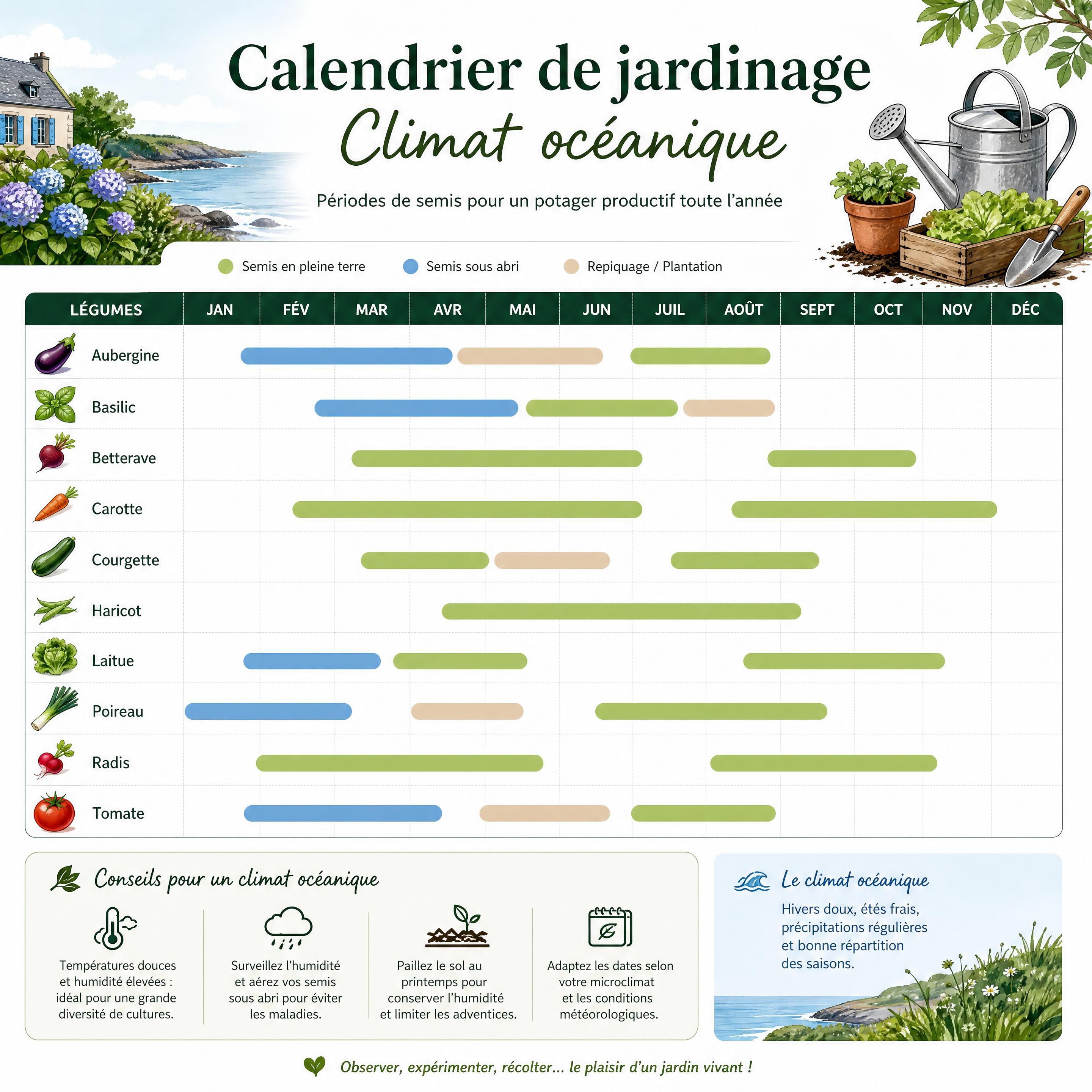 Illustration d'un calendrier de jardinage montrant les périodes de semis adaptées au climat océanique — Mimizan — Olivier Roussel, conseiller immobilier IAD France à Mimizan (Landes, 40)