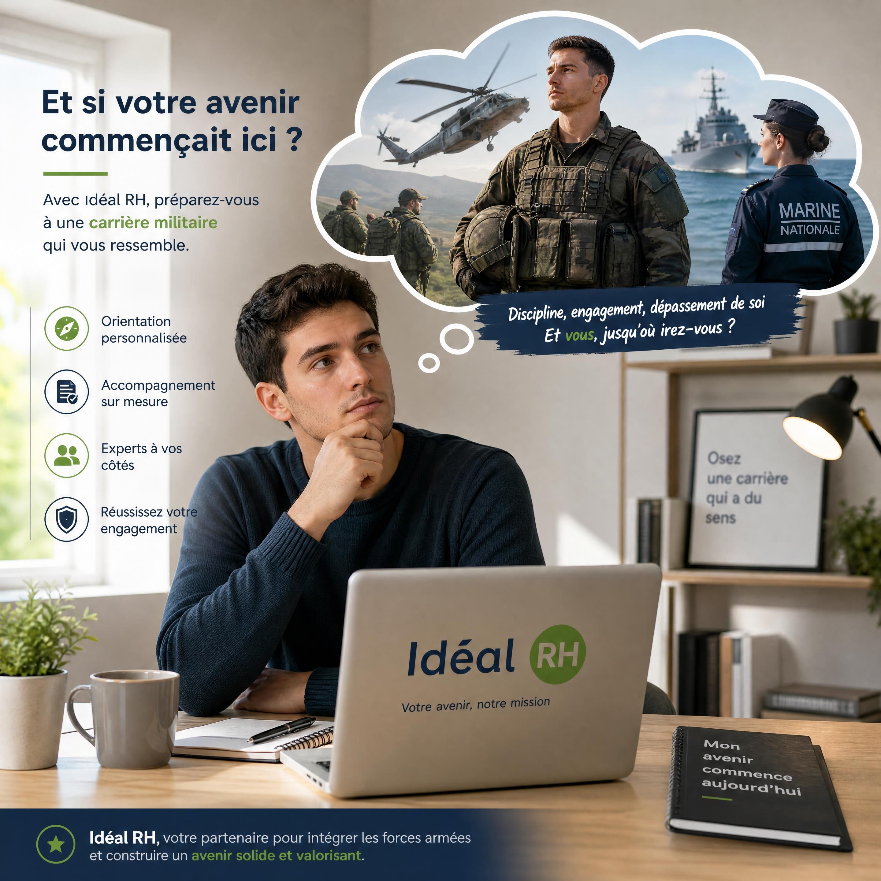 Une personne en pleine réflexion devant son ordinateur, visualisant sa future carrière militaire avec Idéal RH