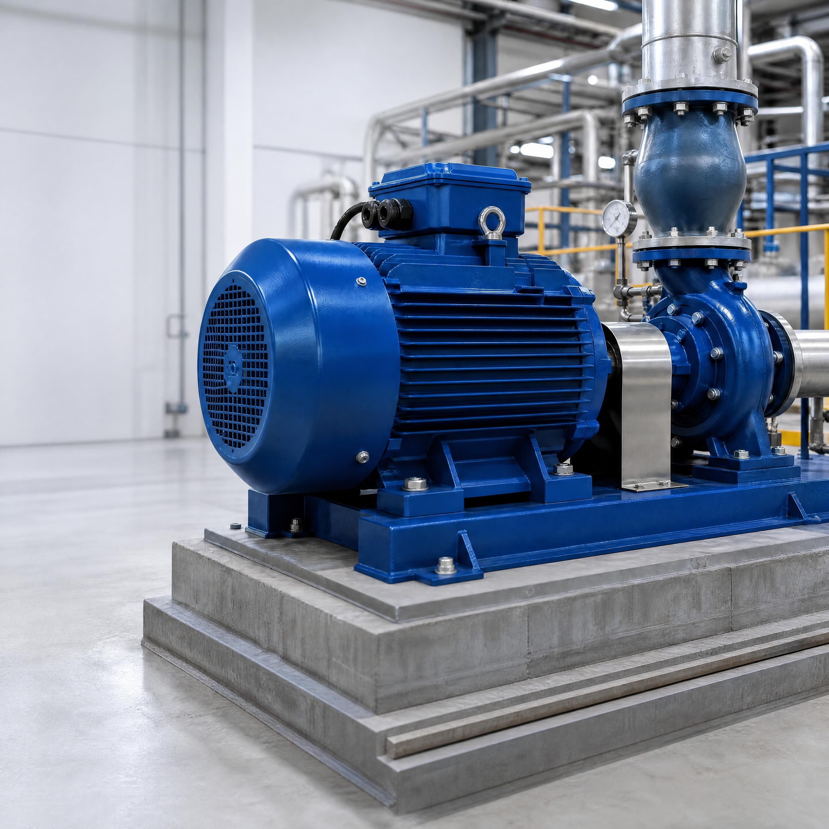 Moteur électrique triphasé haute performance installé sur une pompe à eau industrielle en usine