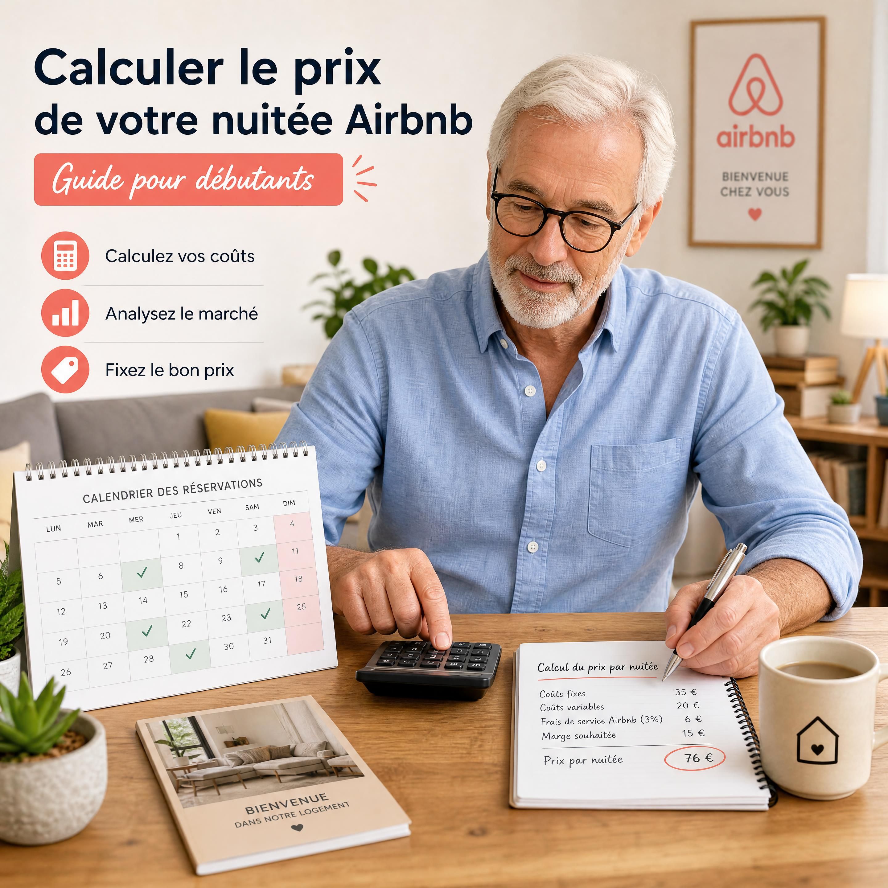 propriétaire senior calcul prix nuitée Airbnb débutant avec une calculatrice et un calendrier