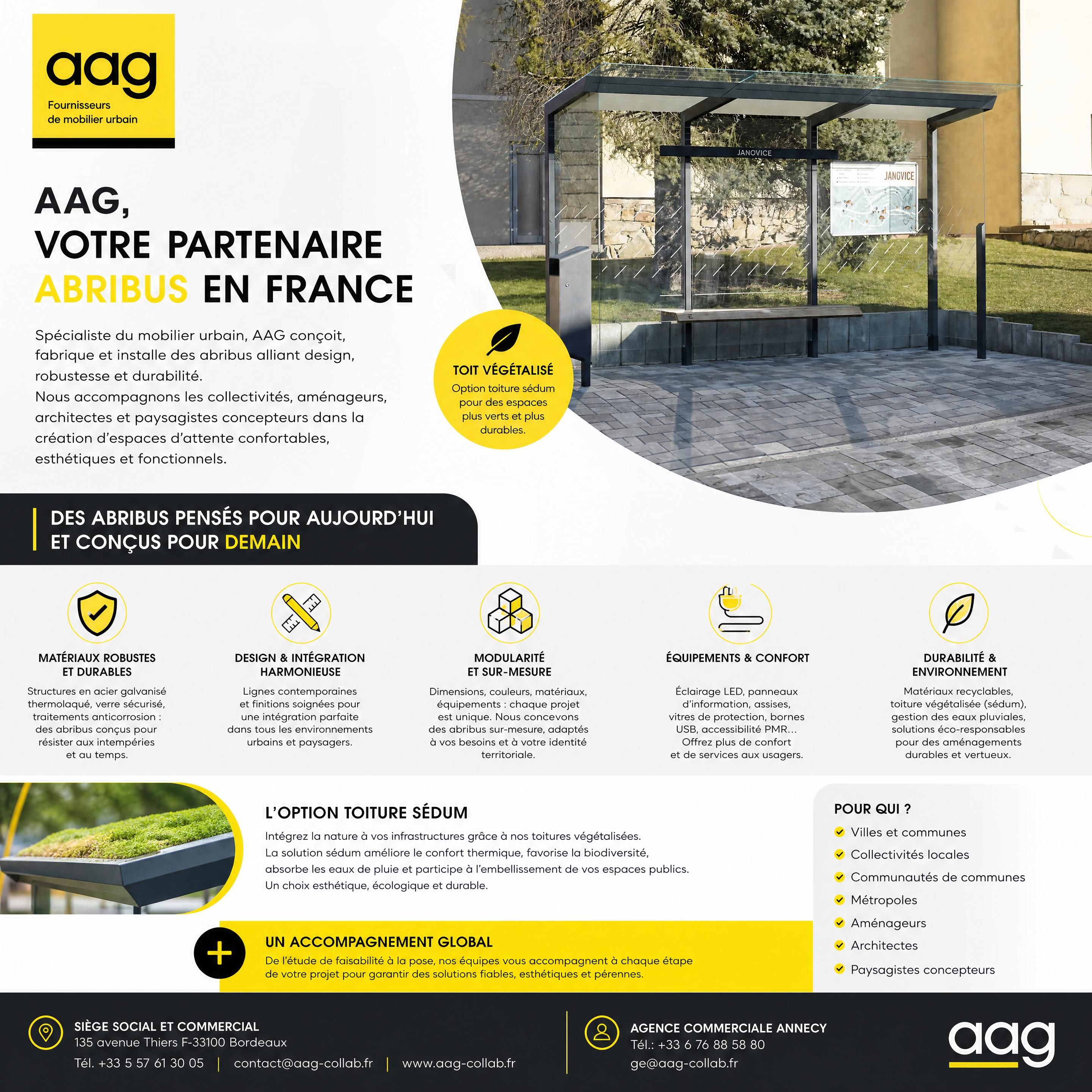 Abribus AAG en acier thermolaqué avec banc en bois et parois vitrées dans un espace public français