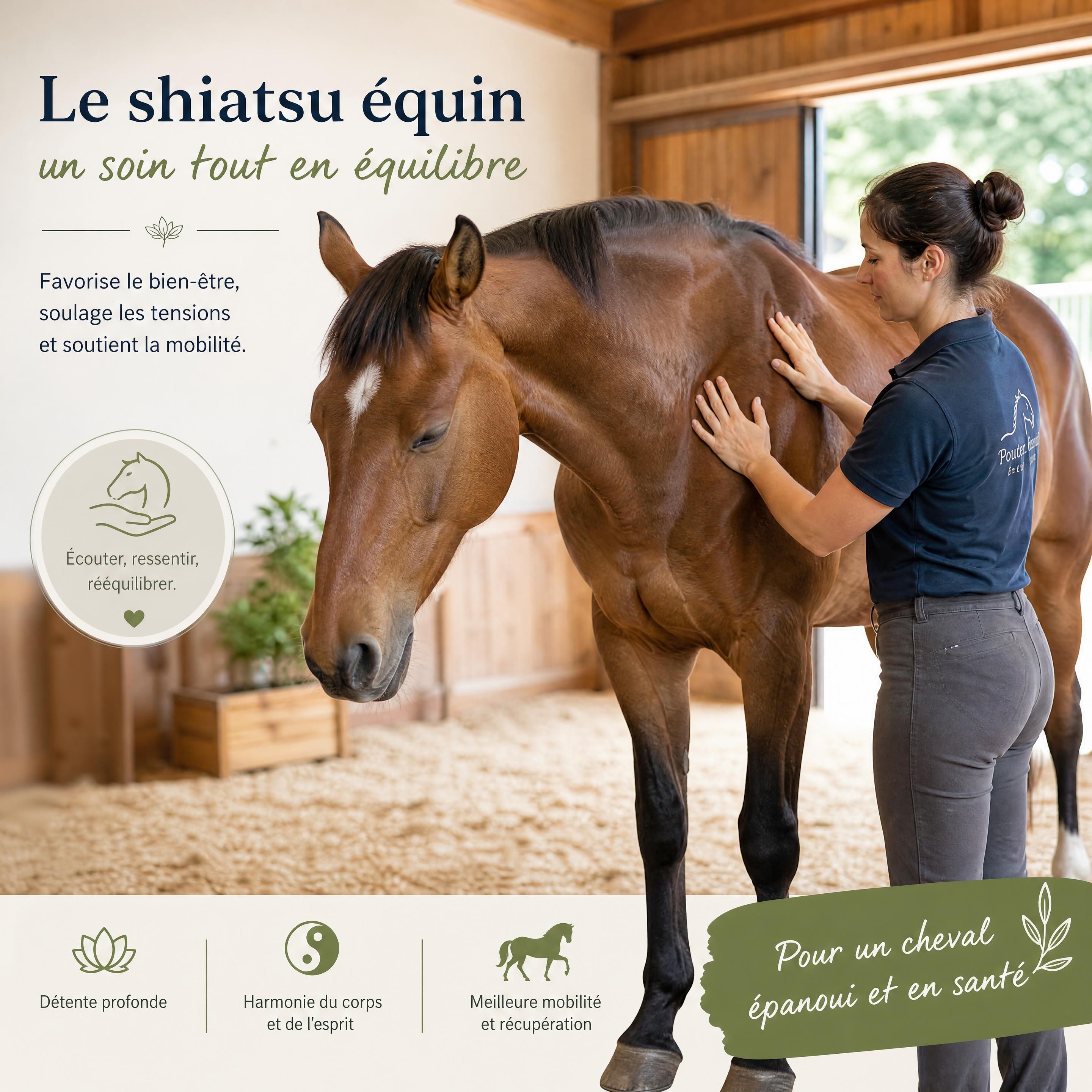 Cheval détendu pendant une séance de shiatsu équin dans une écurie lumineuse