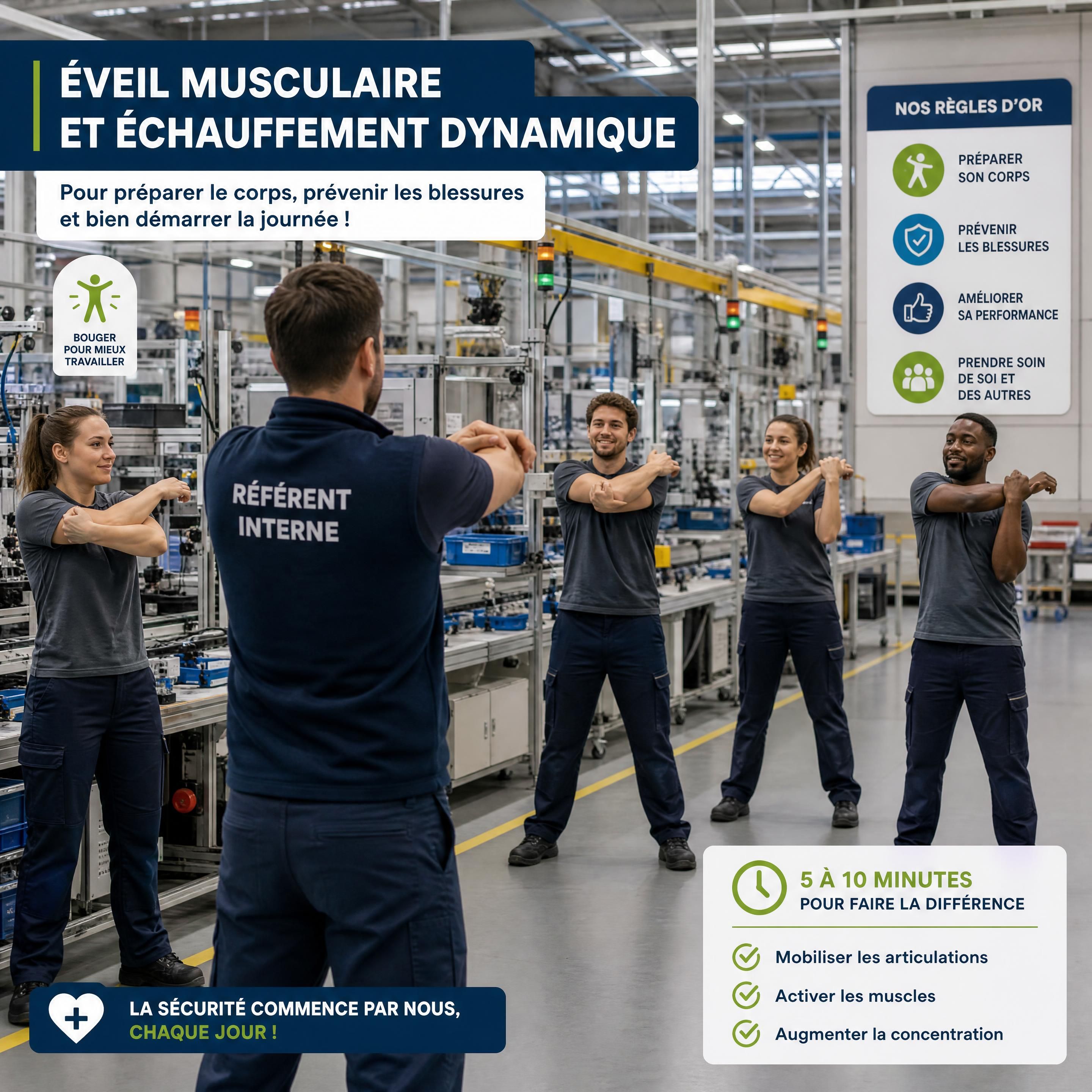 Séance d'éveil musculaire et d'échauffement dynamique menée par un référent interne sur une ligne d'assemblage industriel