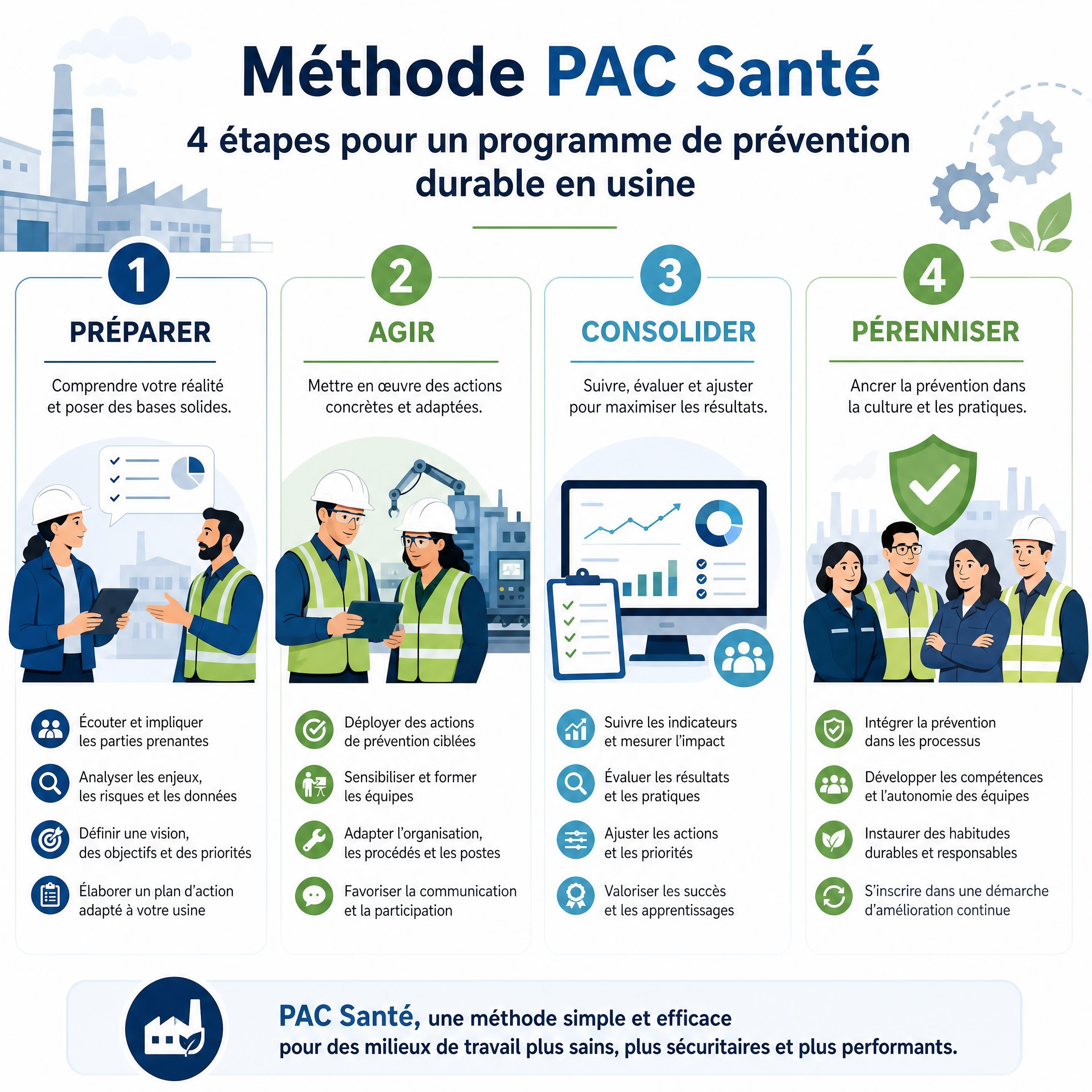 Infographie des 4 étapes de la méthode PAC Santé pour un programme de prévention durable en usine