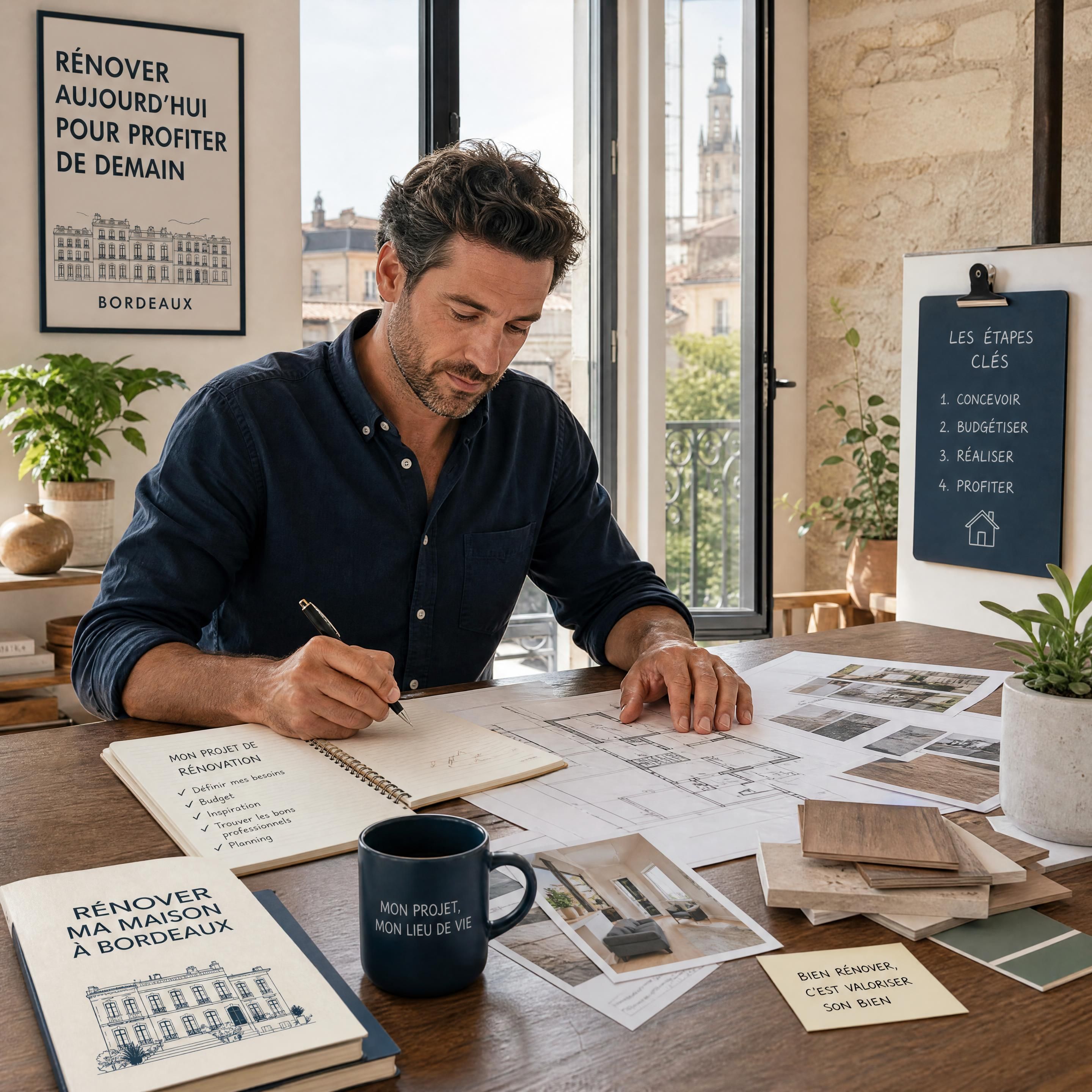 Propriétaire qui planifie un projet de rénovation de maison à Bordeaux avec un carnet de notes et des plans