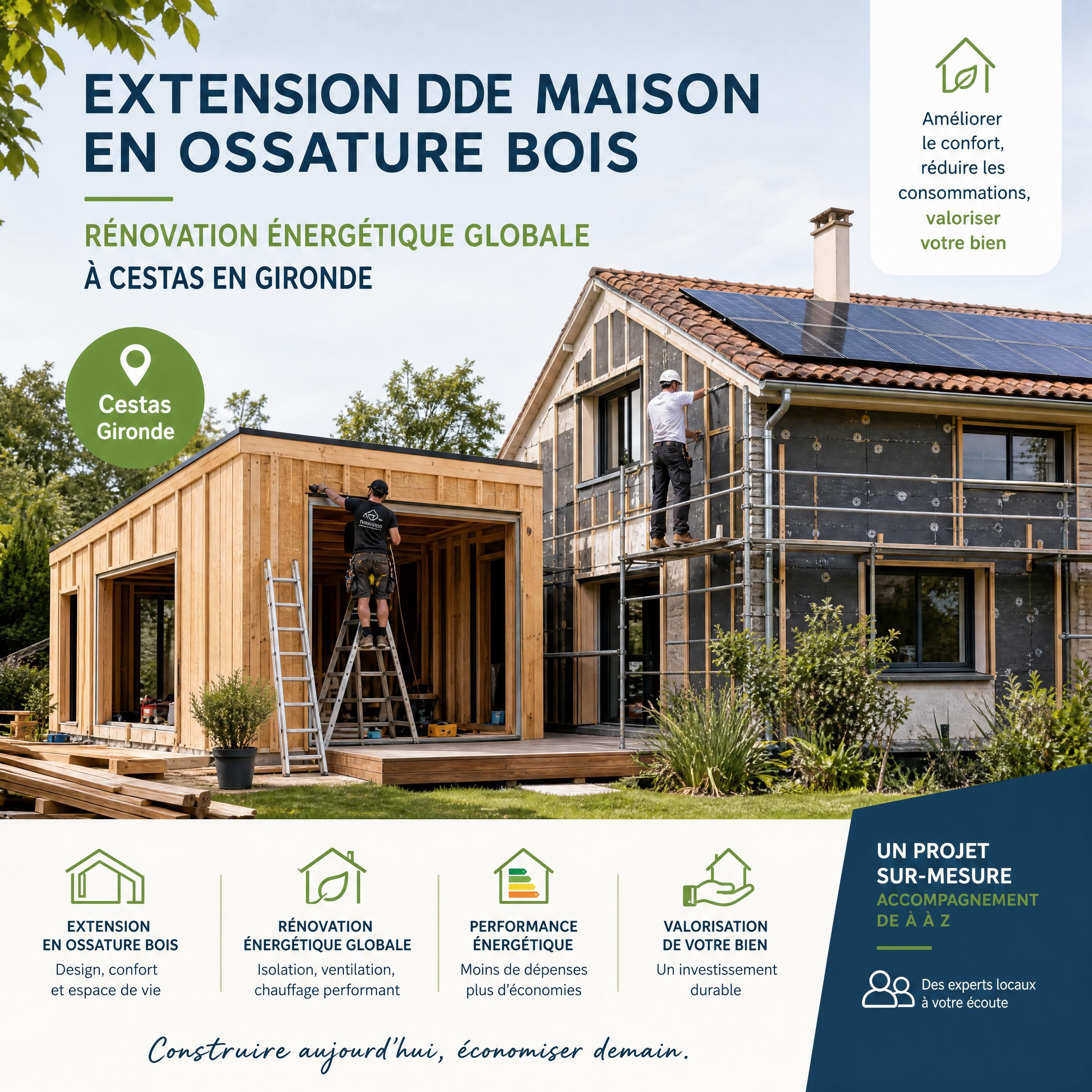 Chantier d'extension de maison en ossature bois et rénovation énergétique globale d'une maison individuelle à Cestas en Gironde