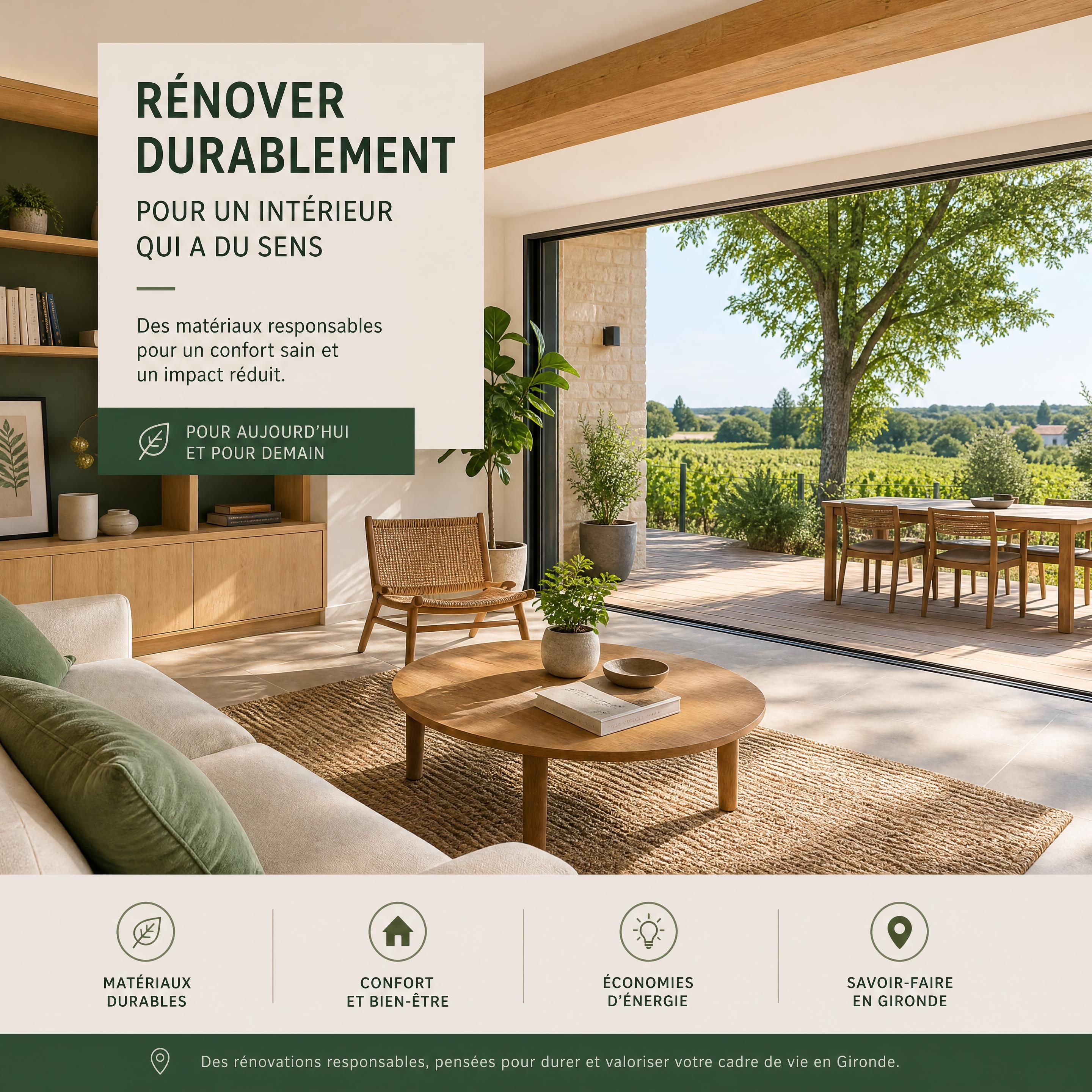 Salon moderne rénové avec des matériaux durables et une grande ouverture sur l'extérieur en Gironde