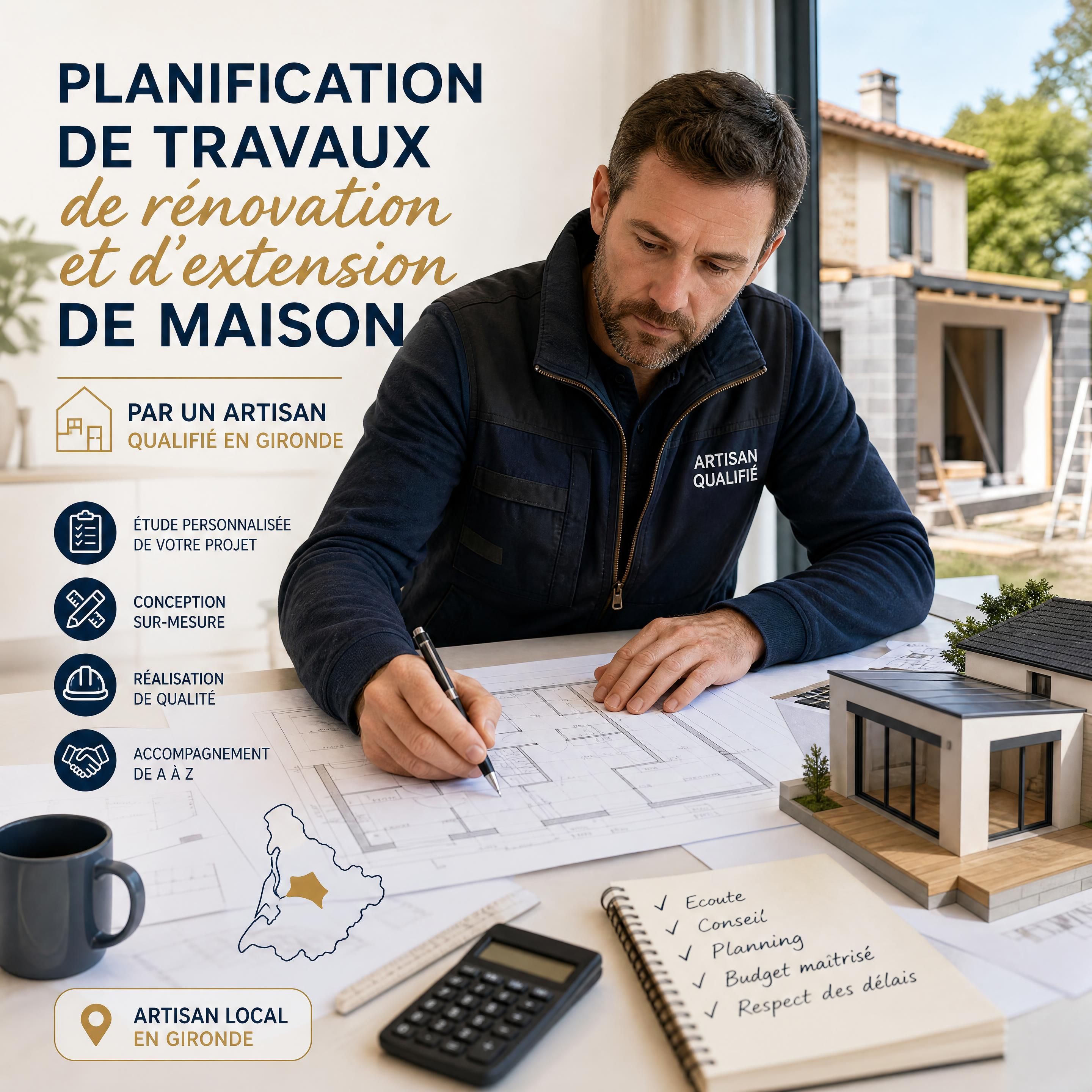 Planification de travaux de rénovation et d'extension de maison par un artisan qualifié en Gironde