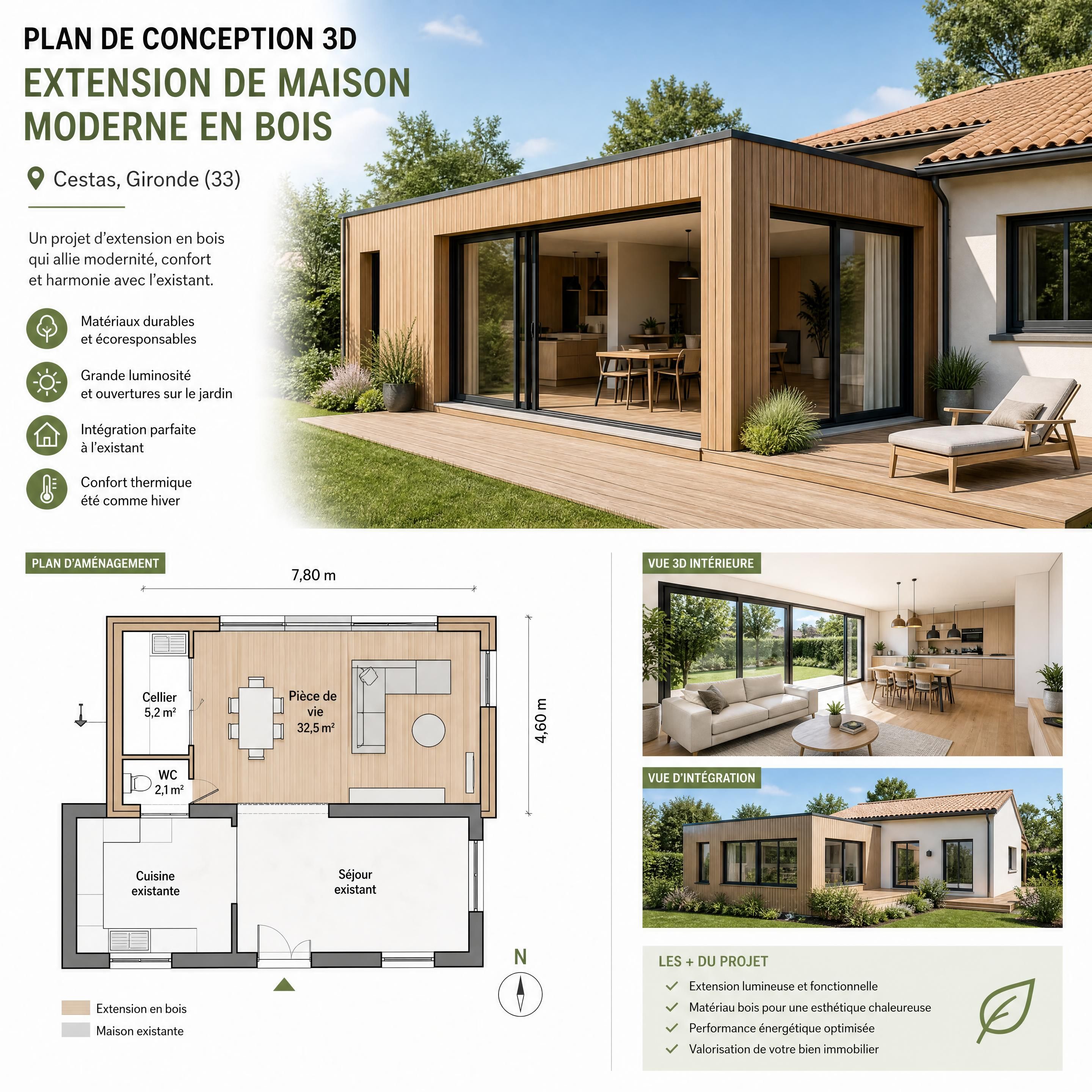 Plan de conception 3D pour une extension de maison moderne en bois à Cestas en Gironde