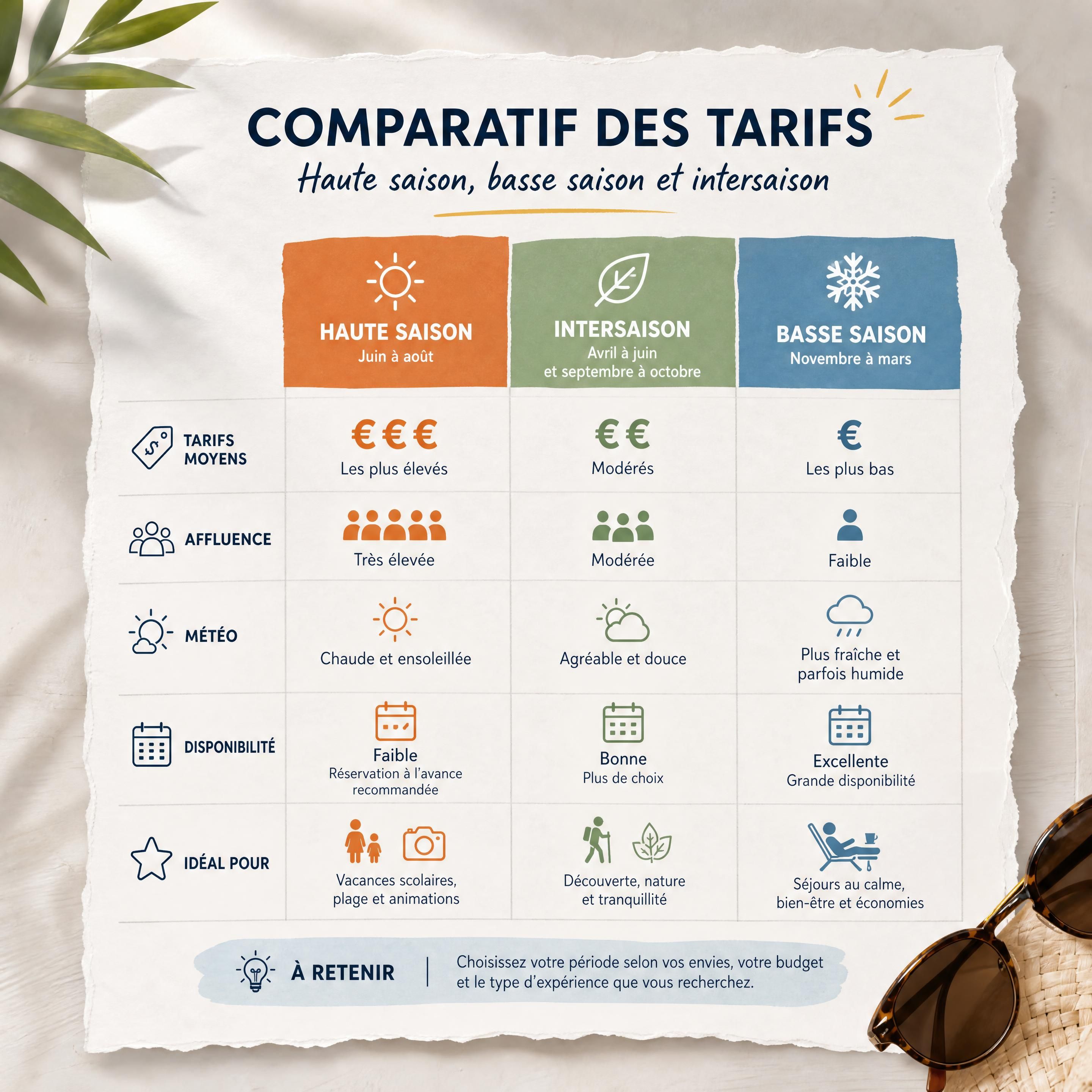 tableau papier comparant les tarifs haute saison basse saison et intersaison