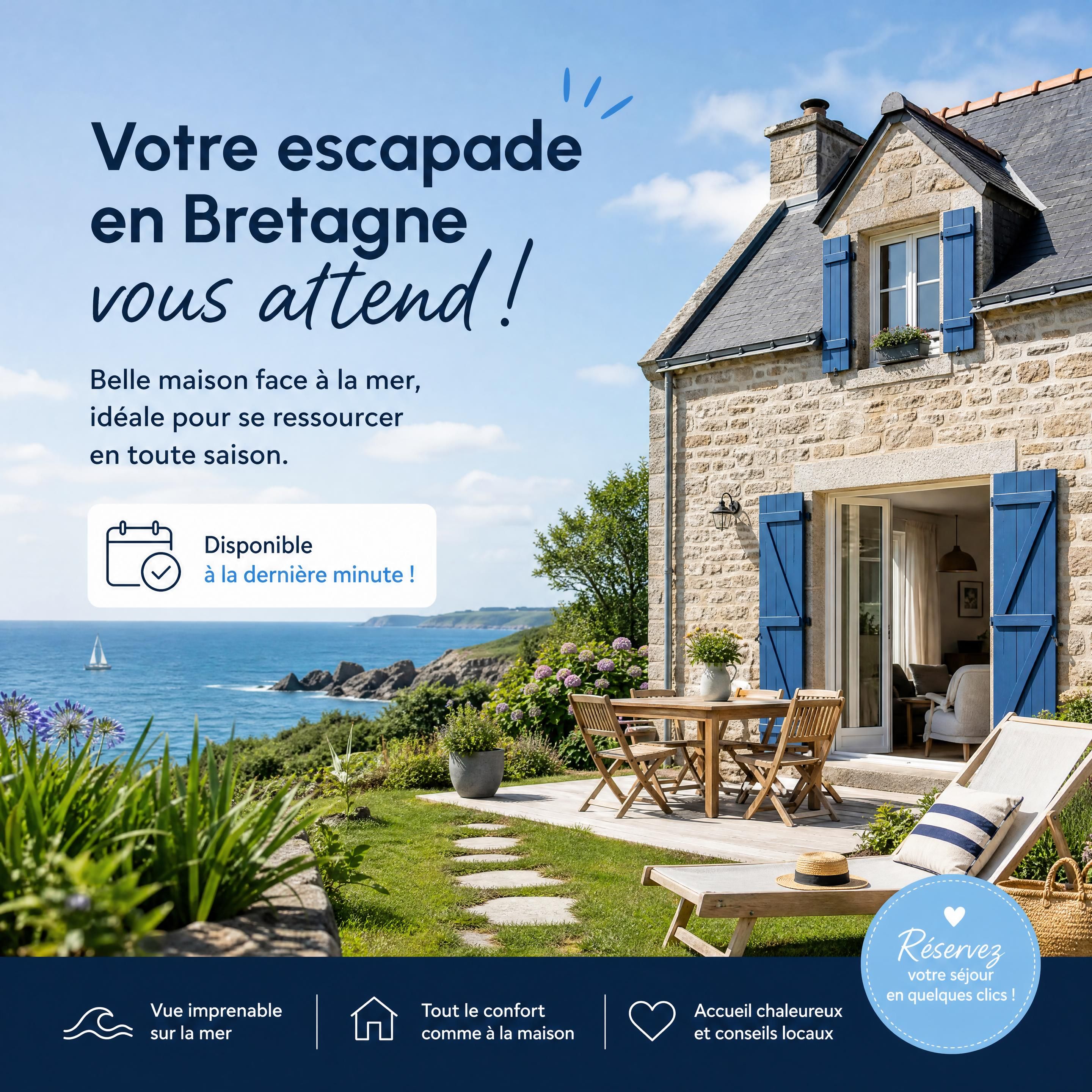 Belle maison de vacances en Bretagne face à la mer, prête à accueillir des voyageurs de dernière minute