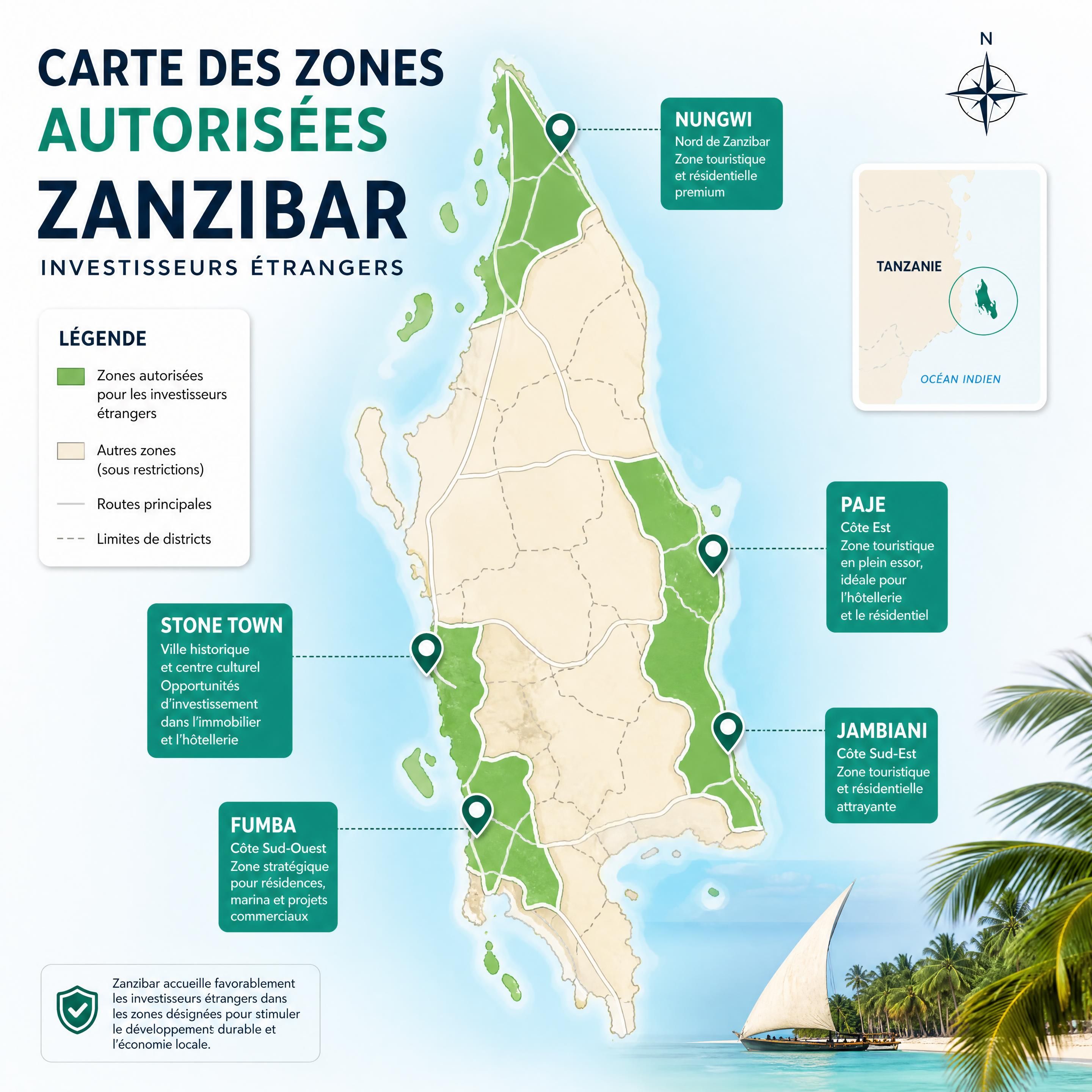 Carte des zones autorisées Zanzibar investisseurs étrangers, avec Nungwi, Paje, Jambiani, Fumba et Stone Town