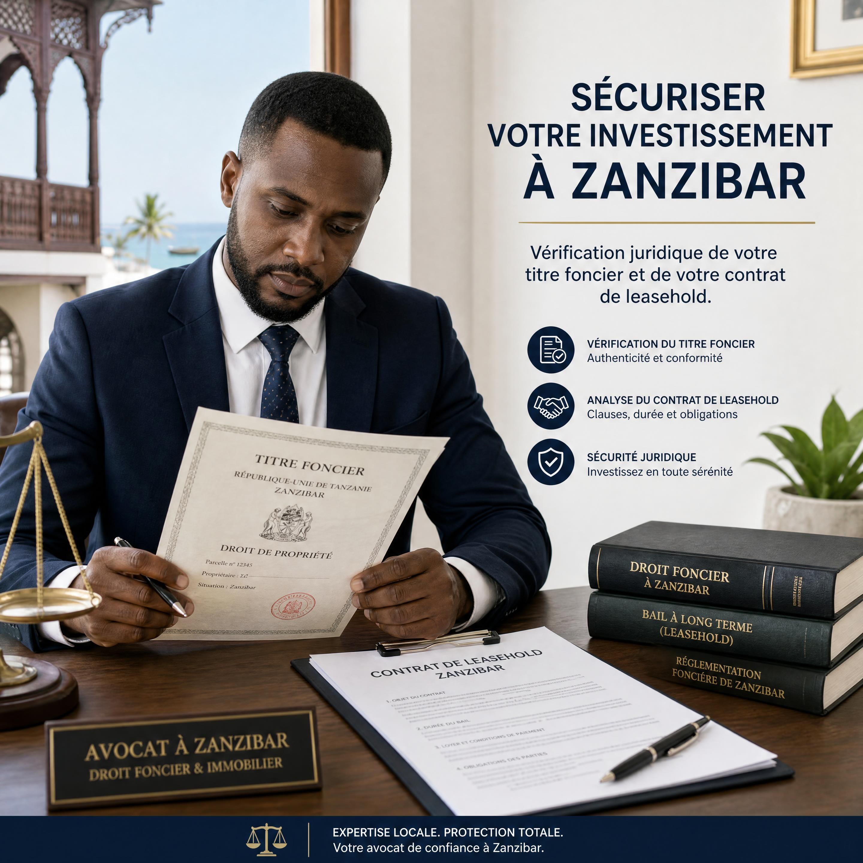 Avocat local vérifiant un titre foncier et un contrat de leasehold Zanzibar