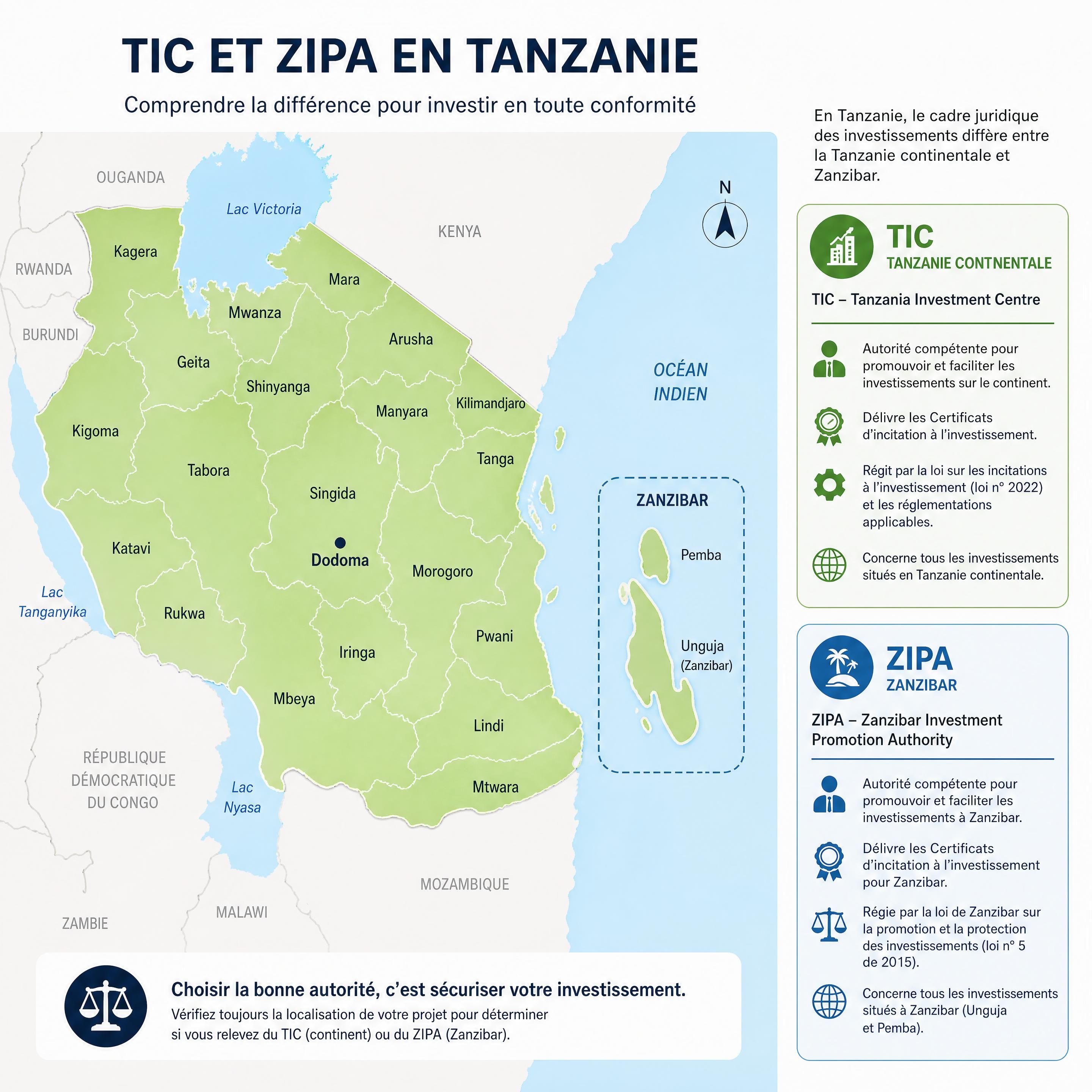 Carte de la Tanzanie continentale et de Zanzibar pour expliquer la différence entre TIC et ZIPA, alt=