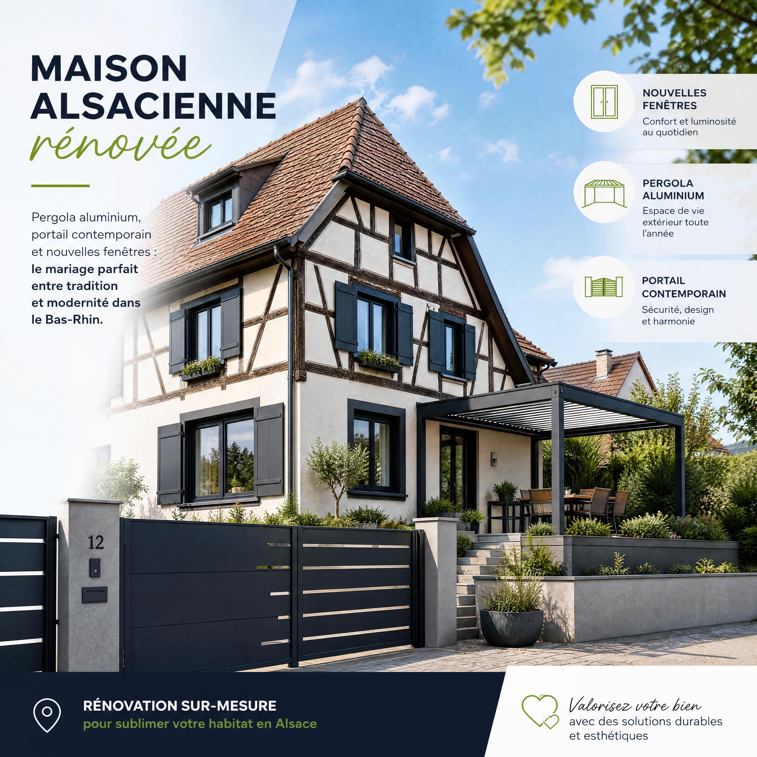 Maison alsacienne rénovée avec pergola aluminium, portail contemporain et nouvelles fenêtres dans le Bas-Rhin