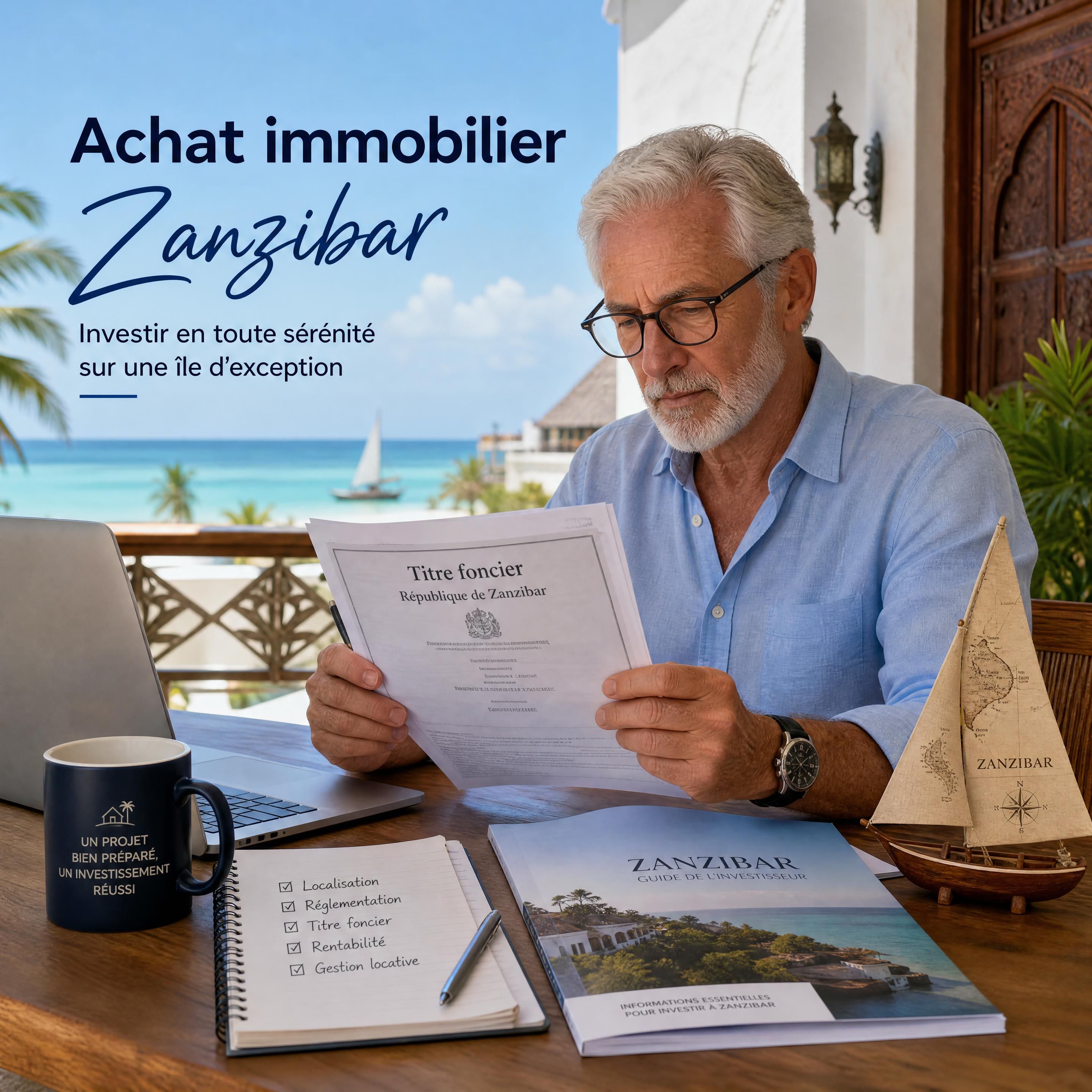 Investisseur français senior étudiant les documents fonciers d’un projet à Zanzibar, ALT contenant achat immobilier Zanzibar
