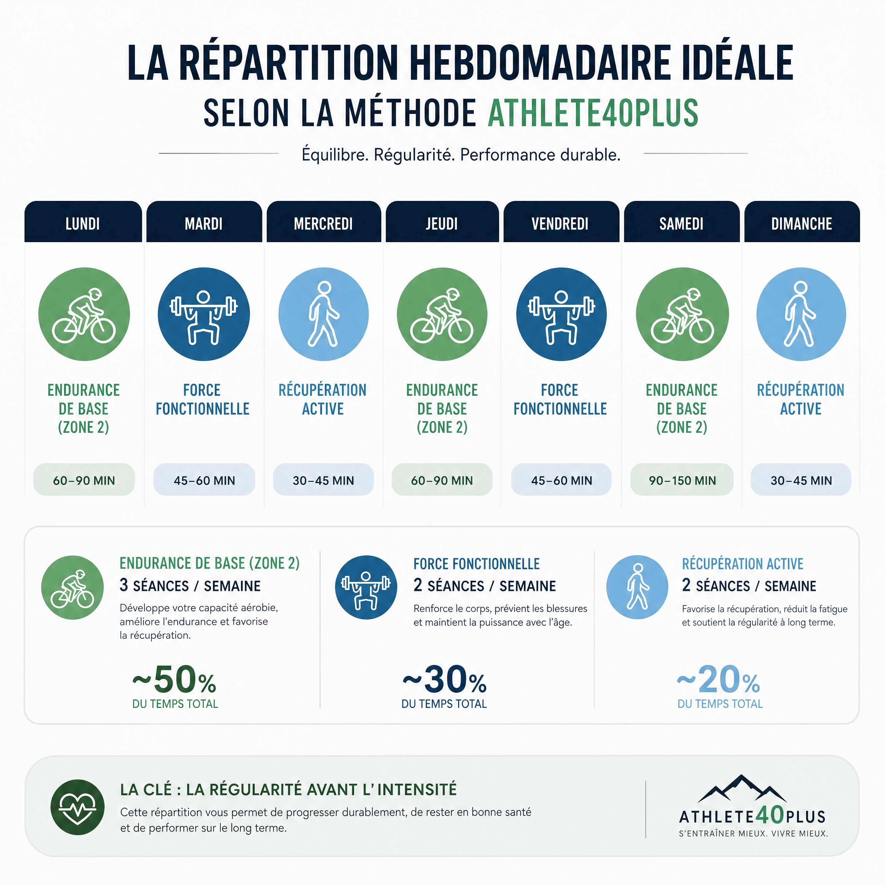 Un graphique épuré illustrant la répartition hebdomadaire idéale entre l'endurance de base (Zone 2), la force fonctionnelle et la récupération active selon la méthode Athlete40Plus.