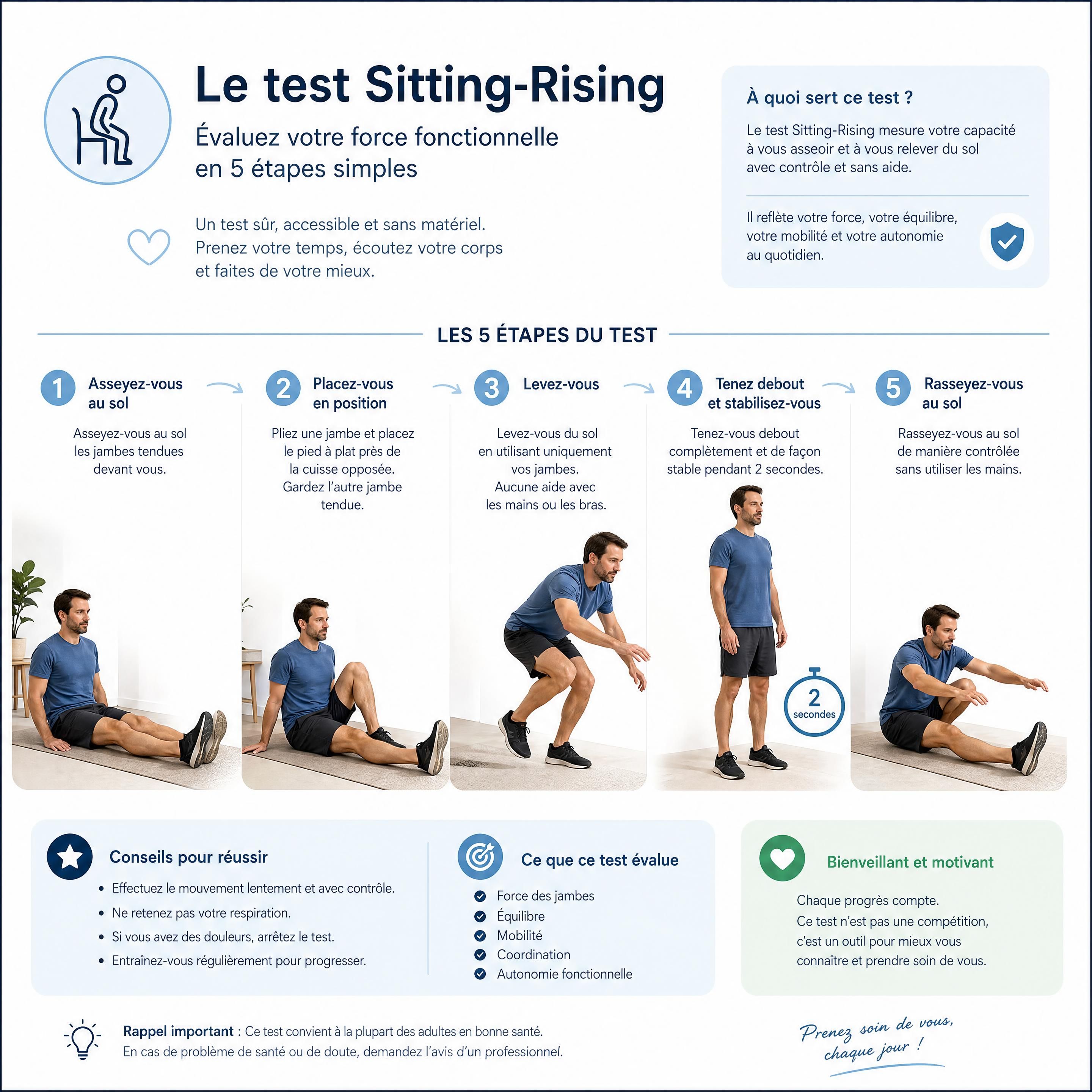 Un schéma clair et bienveillant montrant les étapes simples du test Sitting-Rising, mettant en scène un homme ordinaire exécutant le mouvement avec contrôle et fluidité.