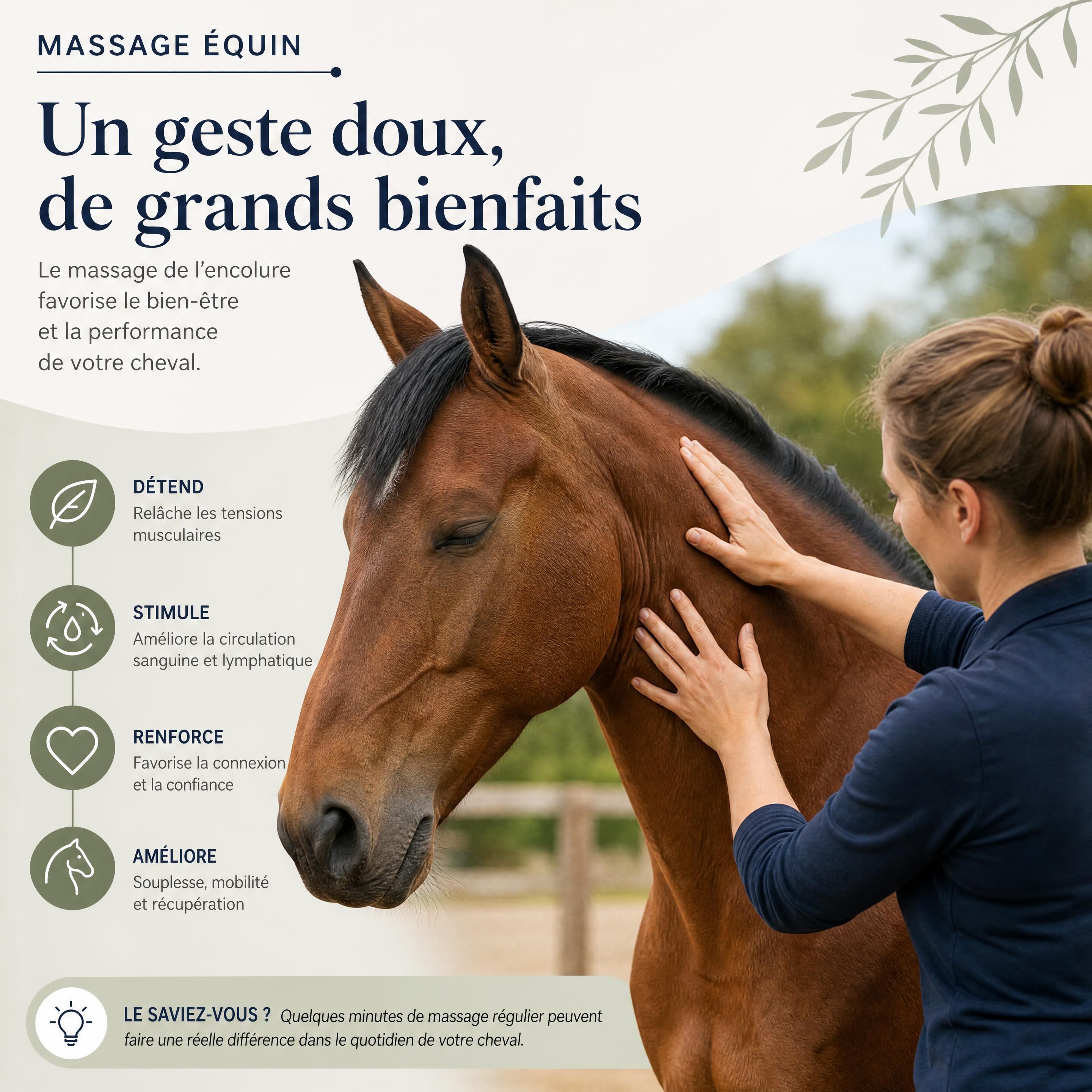 Main réalisant un massage doux sur l’encolure d’un cheval calme