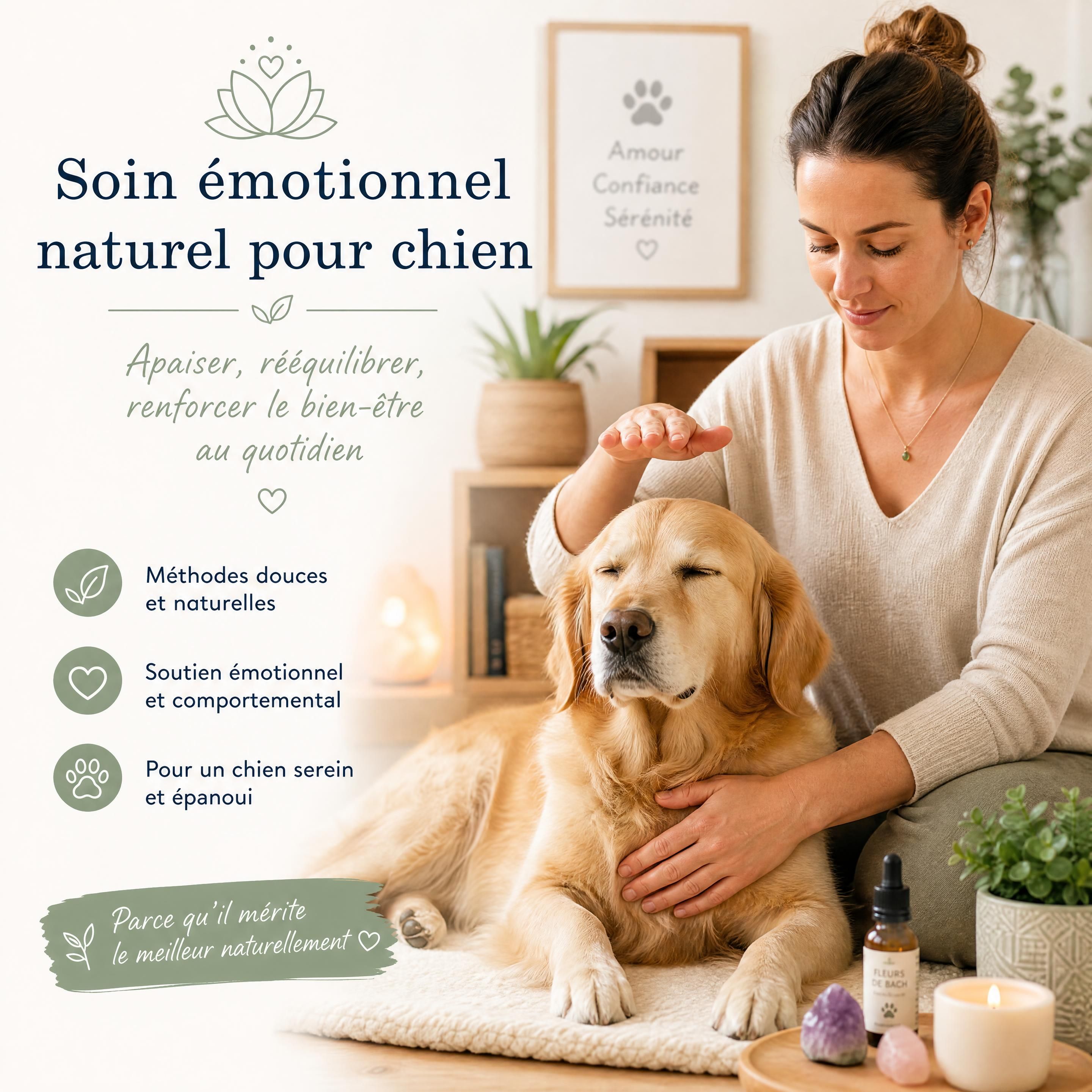 Chien serein pendant une séance de soin émotionnel naturel à domicile