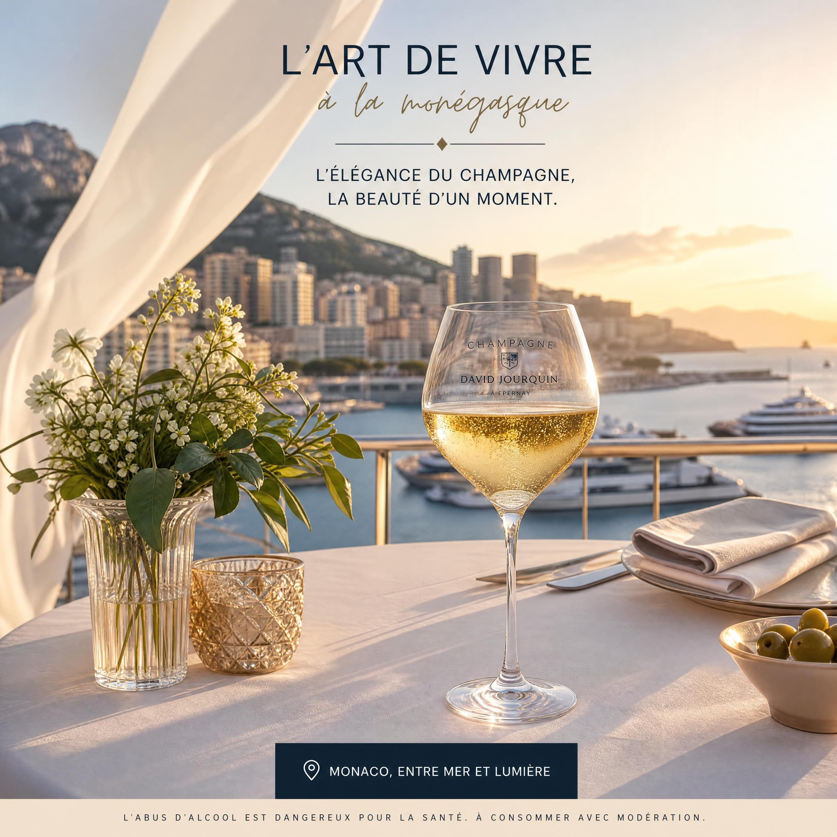Une table dressée en extérieur sous une brise légère, face à la mer à Monaco, mettant en scène un verre à ballon de Champagne David Jourquin capturant la lumière dorée du soir