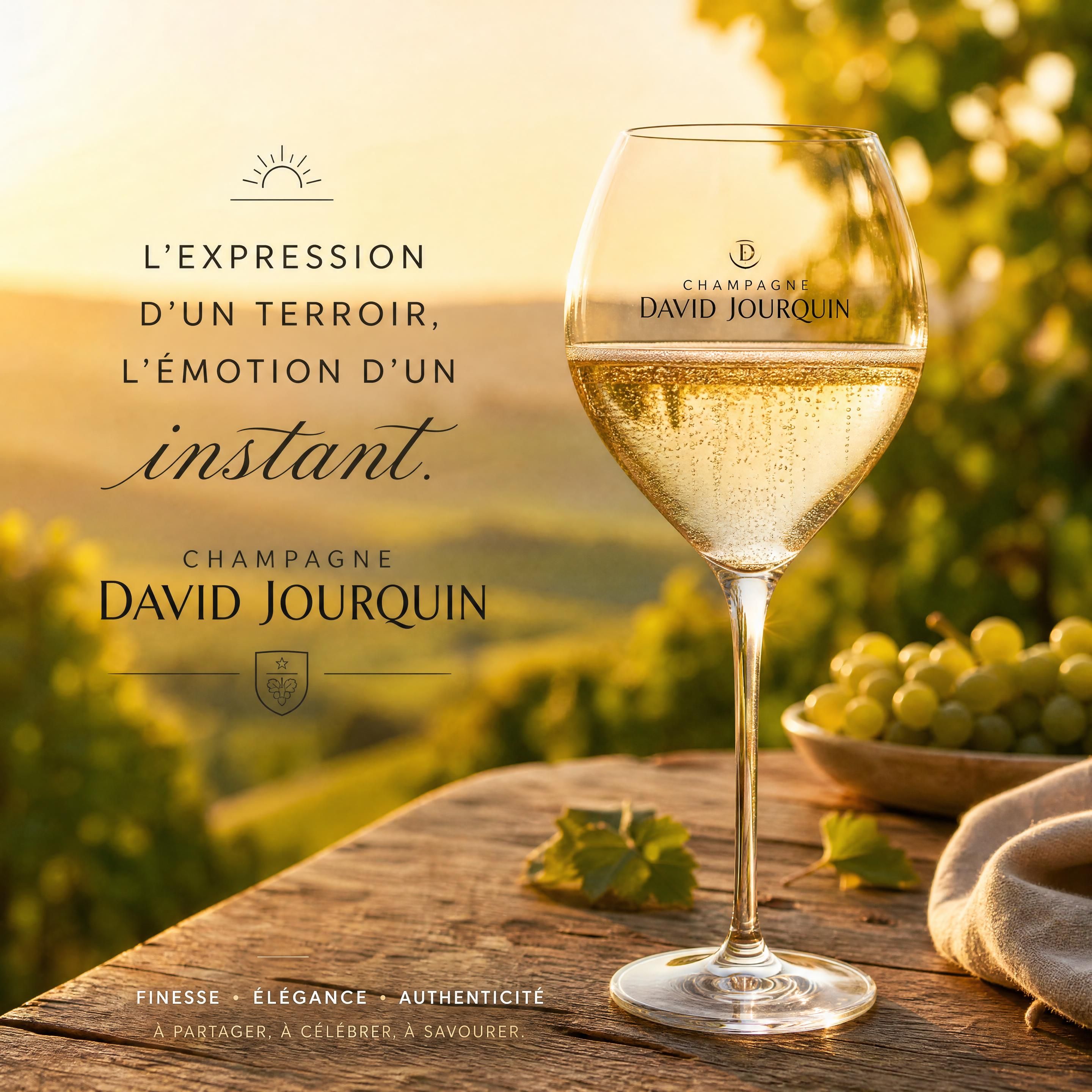 Un verre à ballon délicatement posé sur une table en bois brut, sous la lumière dorée d'une fin d'après-midi d'été, révélant la fine effervescence du Champagne David Jourquin.
