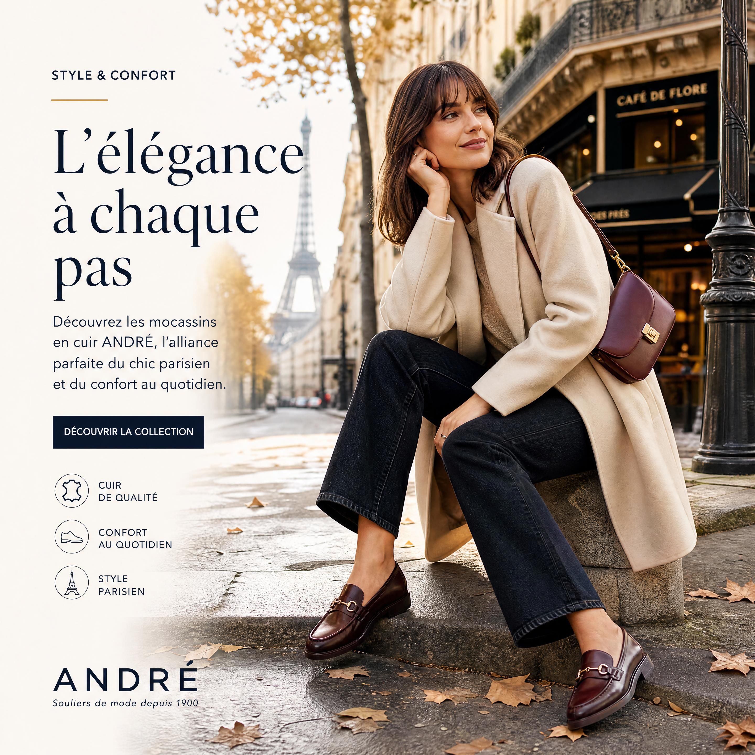 Femme élégante portant des mocassins en cuir André dans une rue parisienne en automne