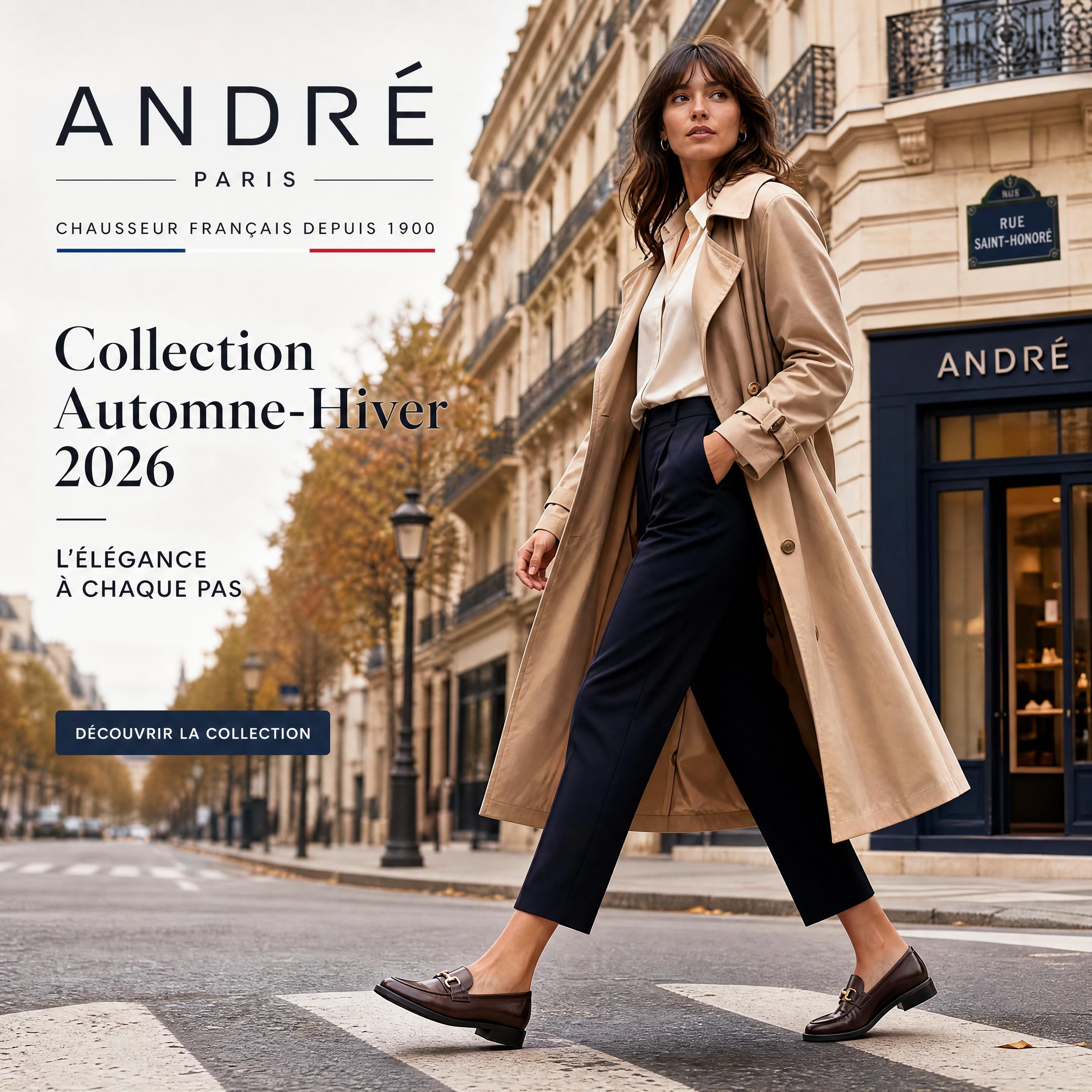 Femme moderne marchant d'un pas assuré sur une avenue parisienne, portant des mocassins en cuir de la collection Automne-Hiver André 2026, un trench-coat fluide et un pantalon de tailleur court