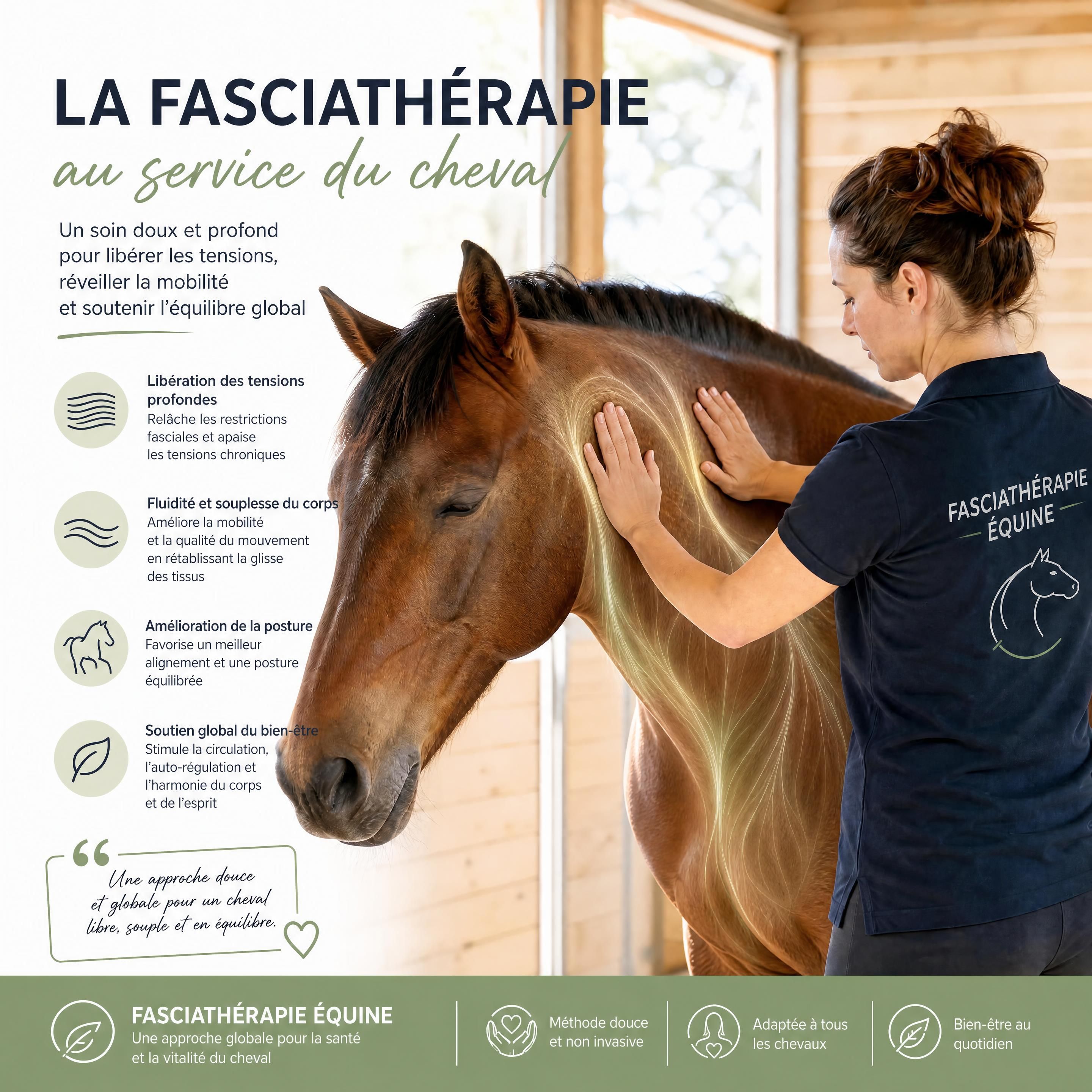 Cheval détendu recevant un soin shiatsu dans une écurie lumineuse