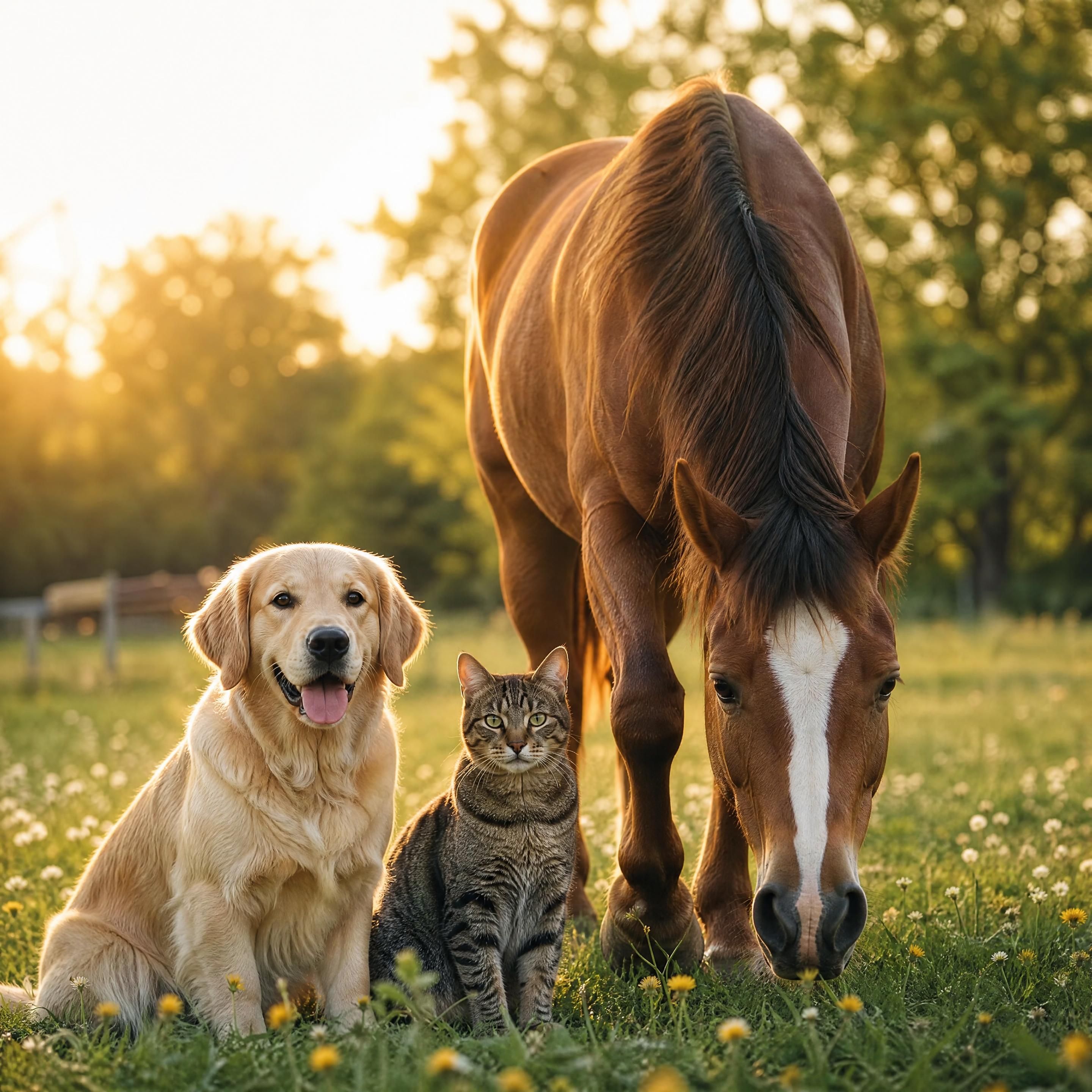 Un chien, un chat, un cheval et un petit lapin se tenant côte à côte dans une clairière baignée de lumière dorée, symbolisant l'harmonie et la communication animale universelle.