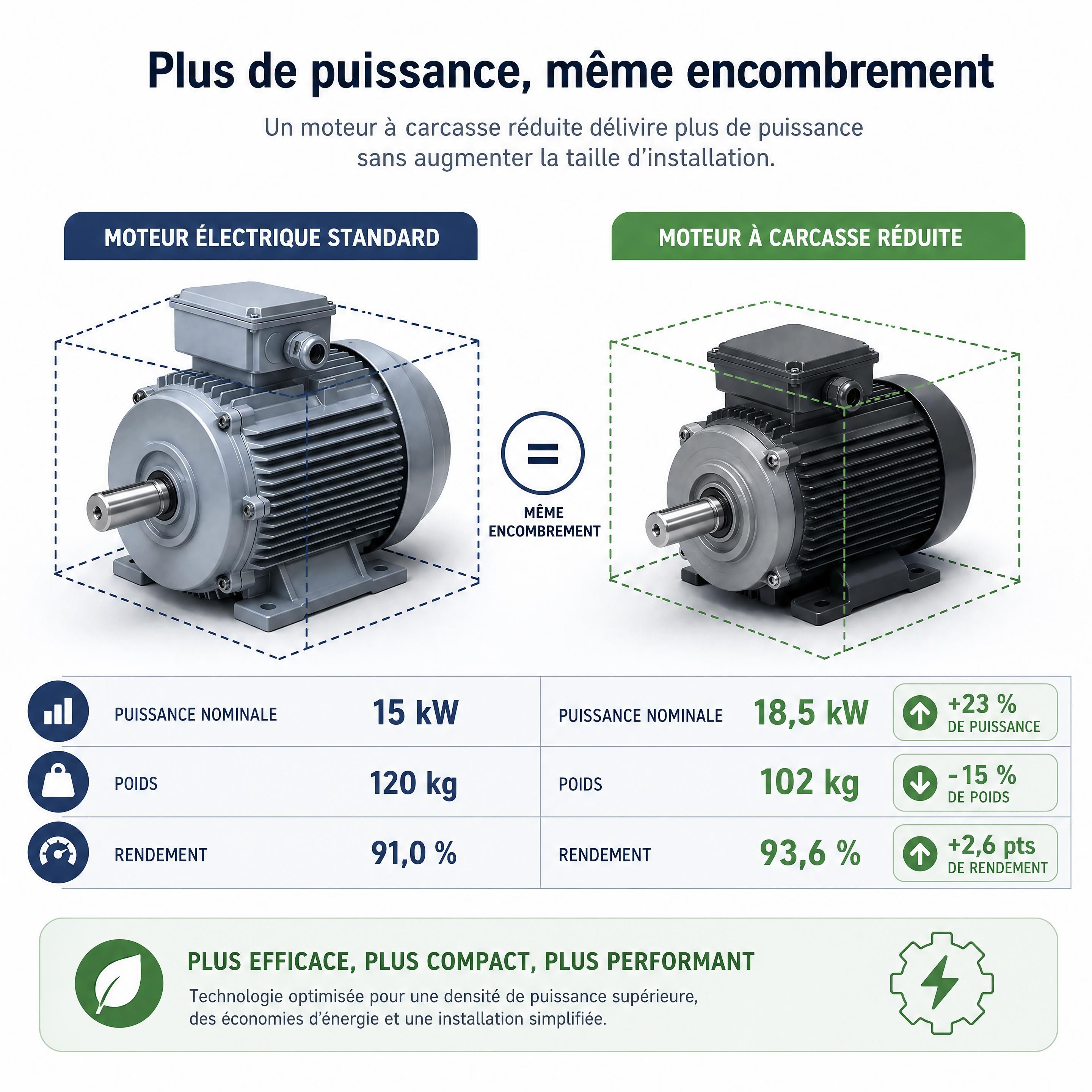 Schéma comparatif montrant un moteur électrique standard à côté d'un moteur à carcasse réduite de même encombrement mais de puissance supérieure