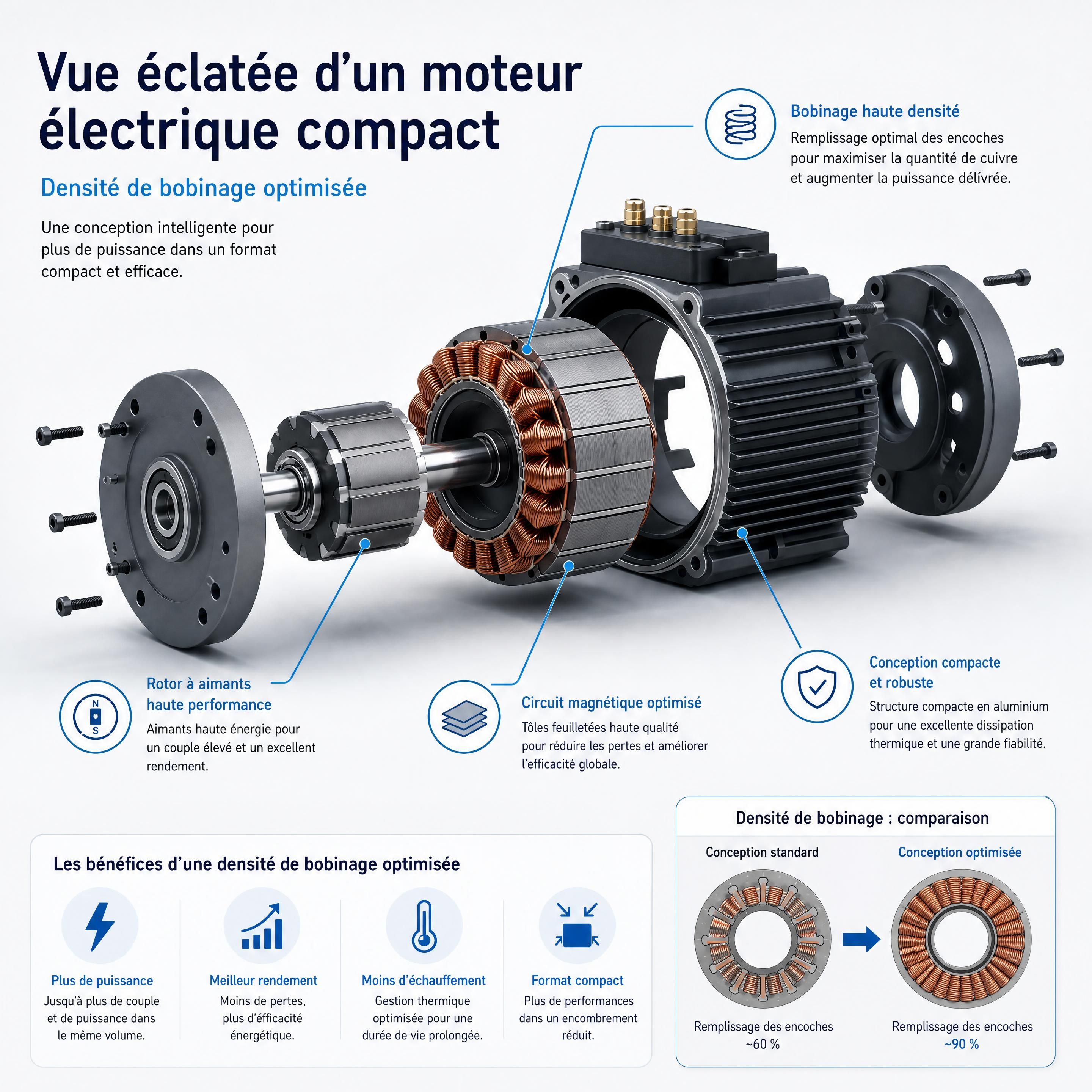 Vue éclatée d'un moteur électrique compact illustrant la densité de bobinage optimisée