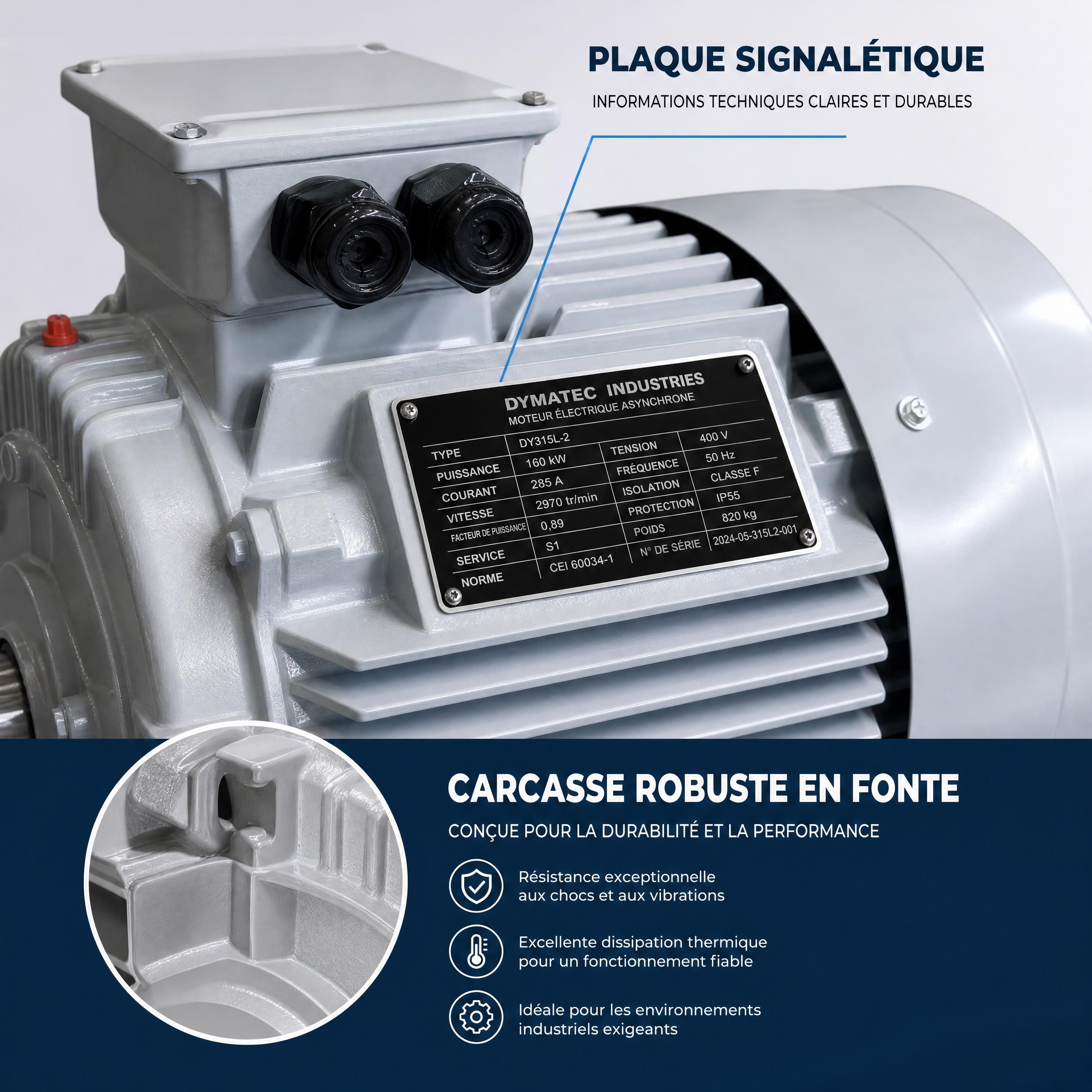 Gros plan sur la plaque signalétique et la carcasse robuste d'un moteur électrique en fonte Dymatec Industries