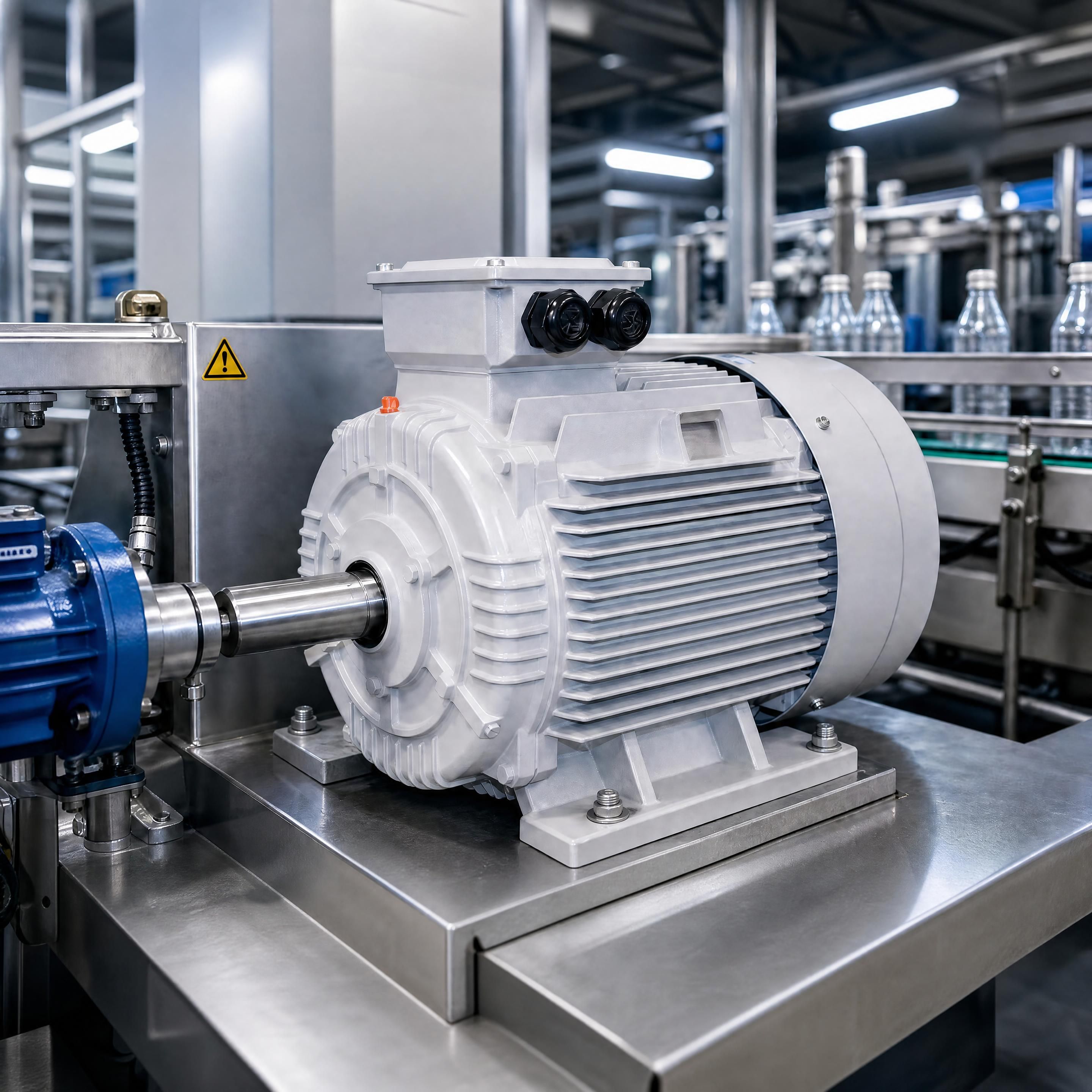 Moteur électrique triphasé Dymatec Industries installé sur une ligne de production industrielle moderne