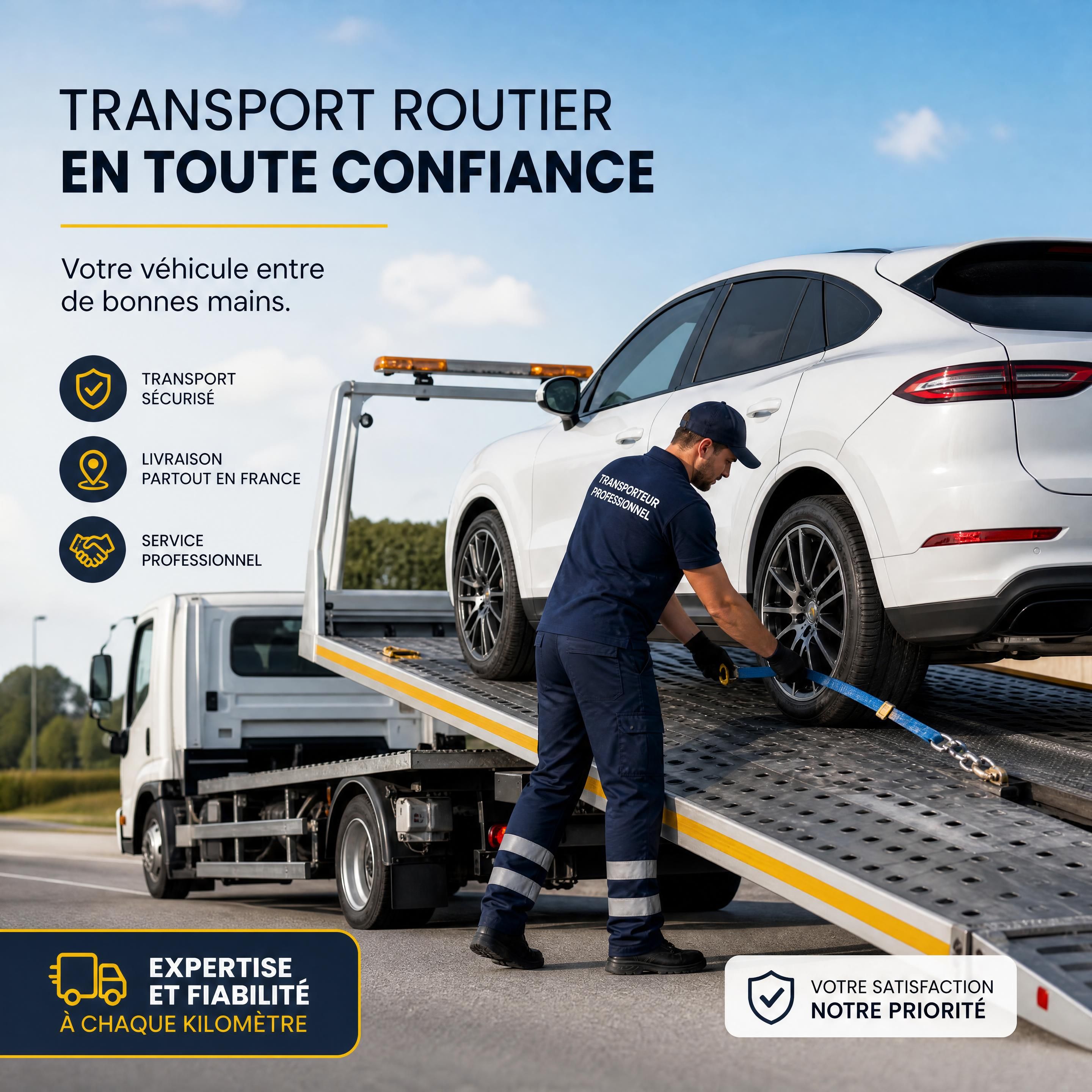 Transporteur routier professionnel chargeant un véhicule sur un plateau sécurisé