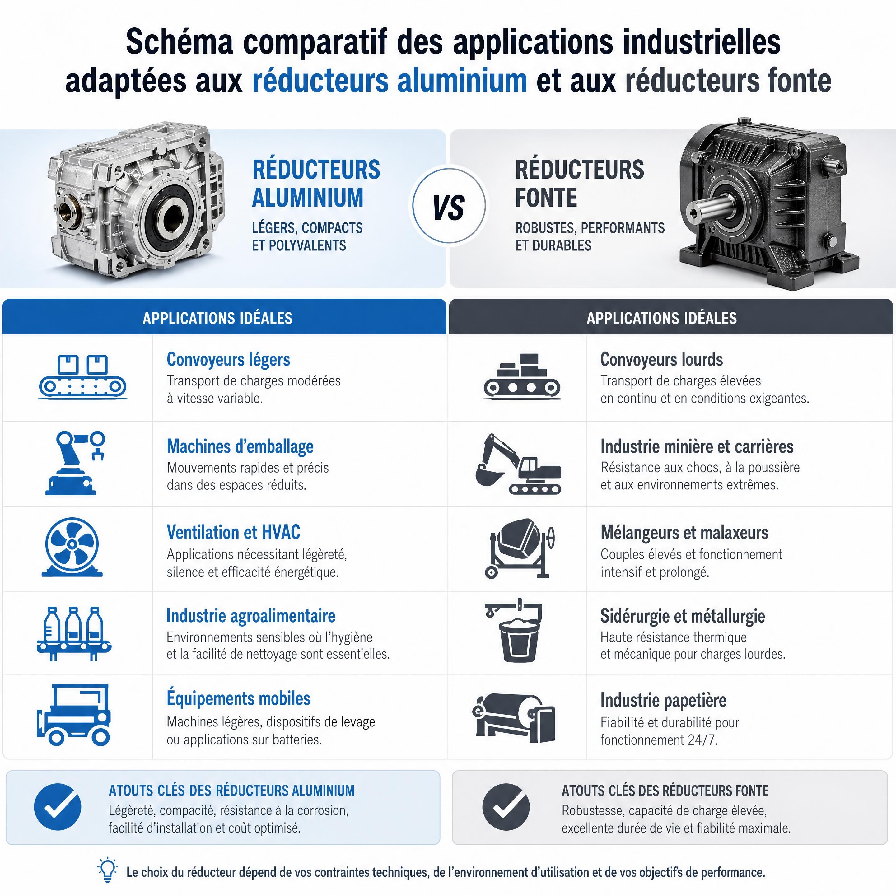 Schéma comparatif des applications industrielles adaptées aux réducteurs aluminium et aux réducteurs fonte