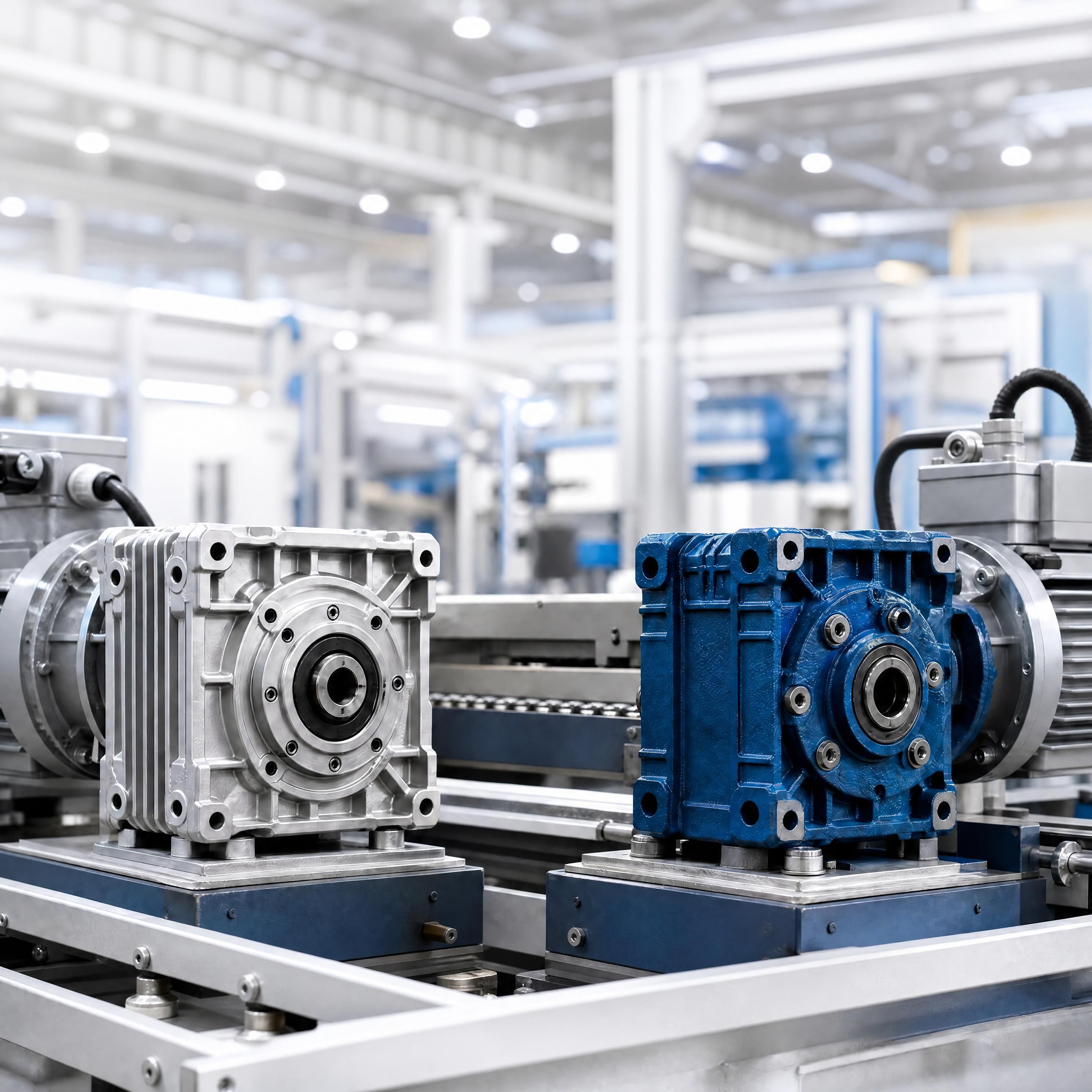 Réducteur mécanique industriel à carcasse aluminium et réducteur à carcasse fonte installés sur une machine