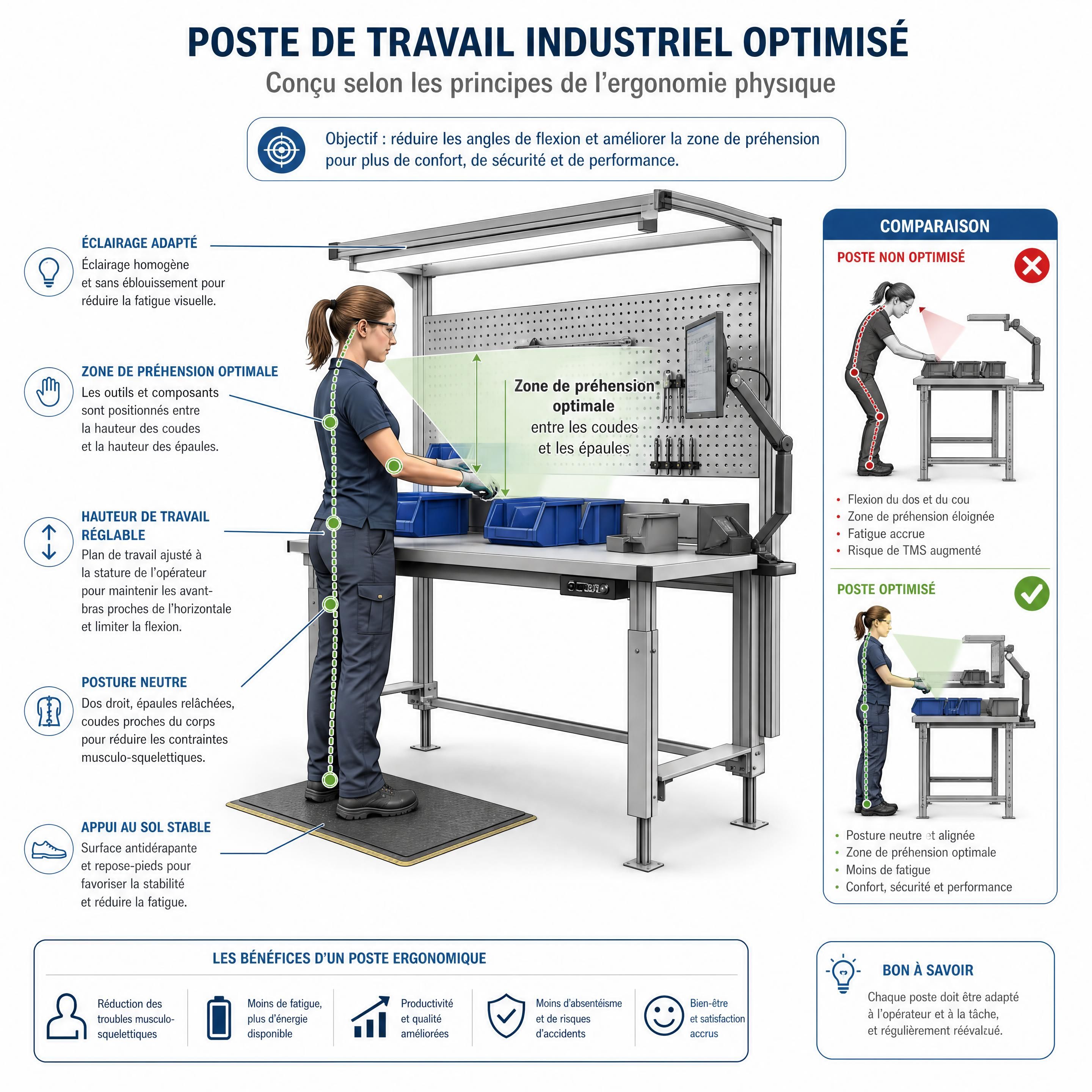 Schéma technique d'un poste de travail industriel optimisé selon les principes de l'ergonomie physique, réduisant les angles de flexion et améliorant la zone de préhension