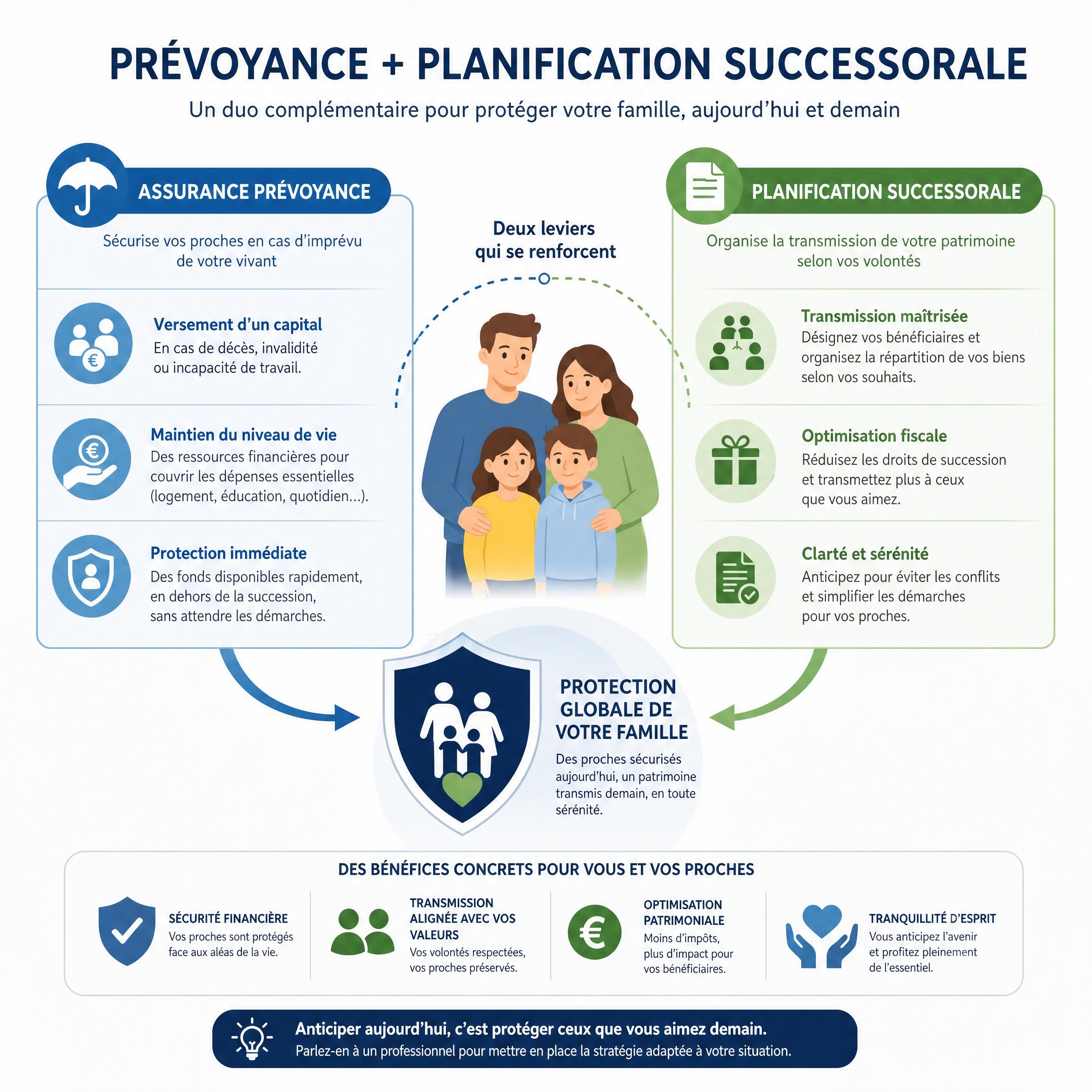 Sch&eacute;ma explicatif du fonctionnement combin&eacute; de l'assurance pr&eacute;voyance et de la planification successorale pour prot&eacute;ger sa famille