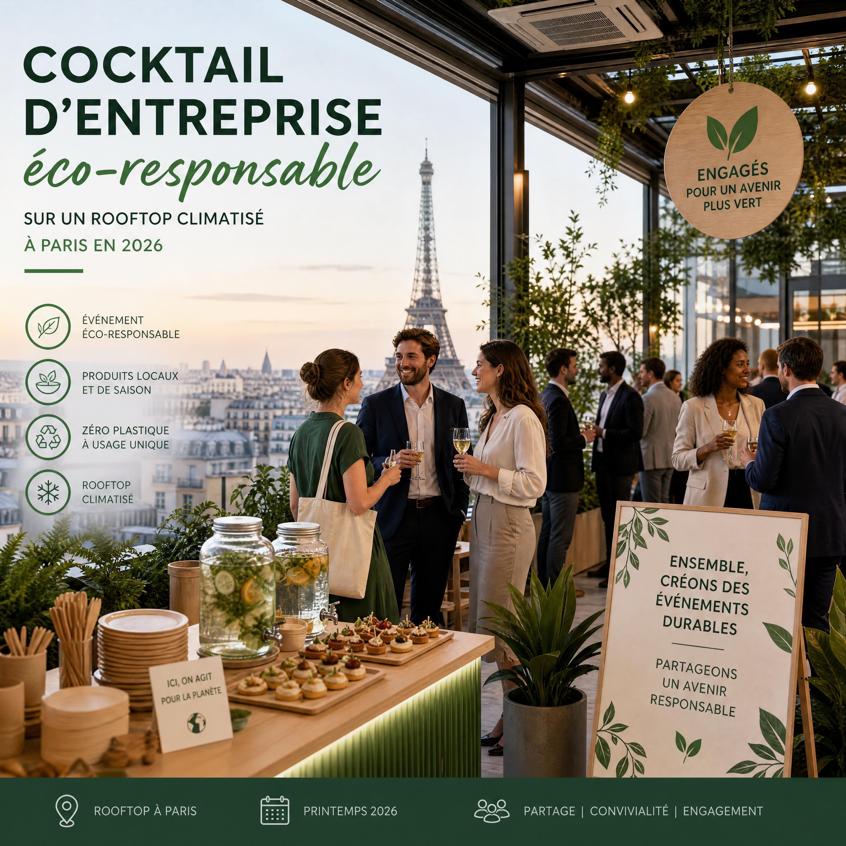 Cocktail d'entreprise éco-responsable sur un rooftop climatisé à Paris en 2026