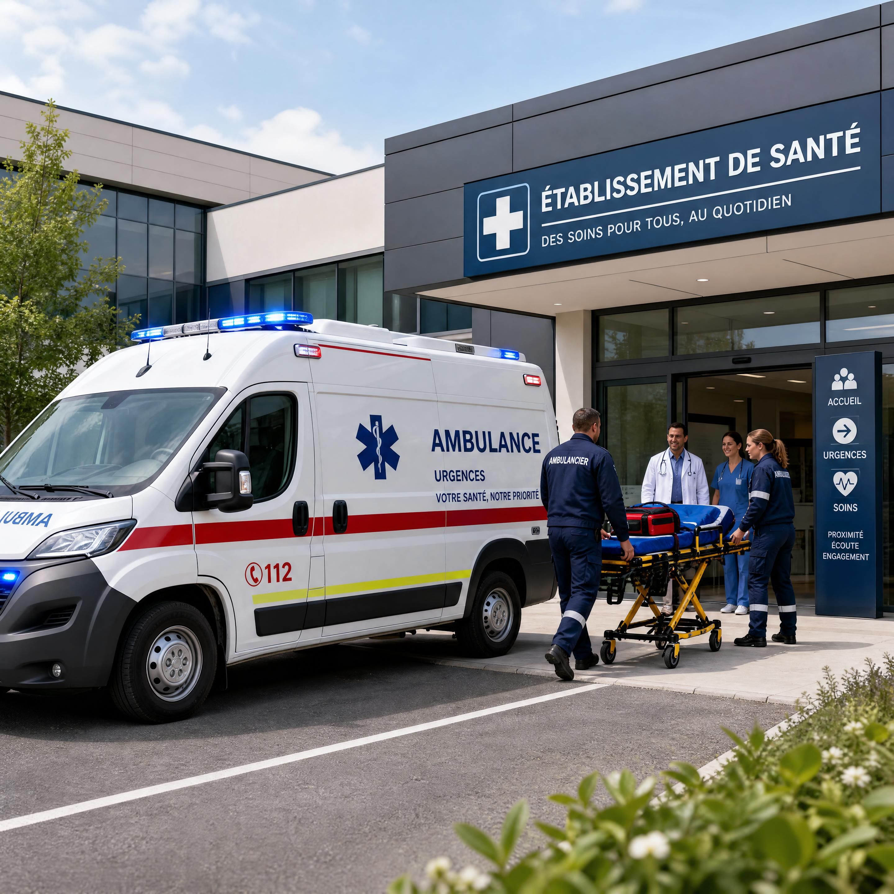 Une ambulance moderne stationnée devant un établissement de santé avec des professionnels prêts à intervenir